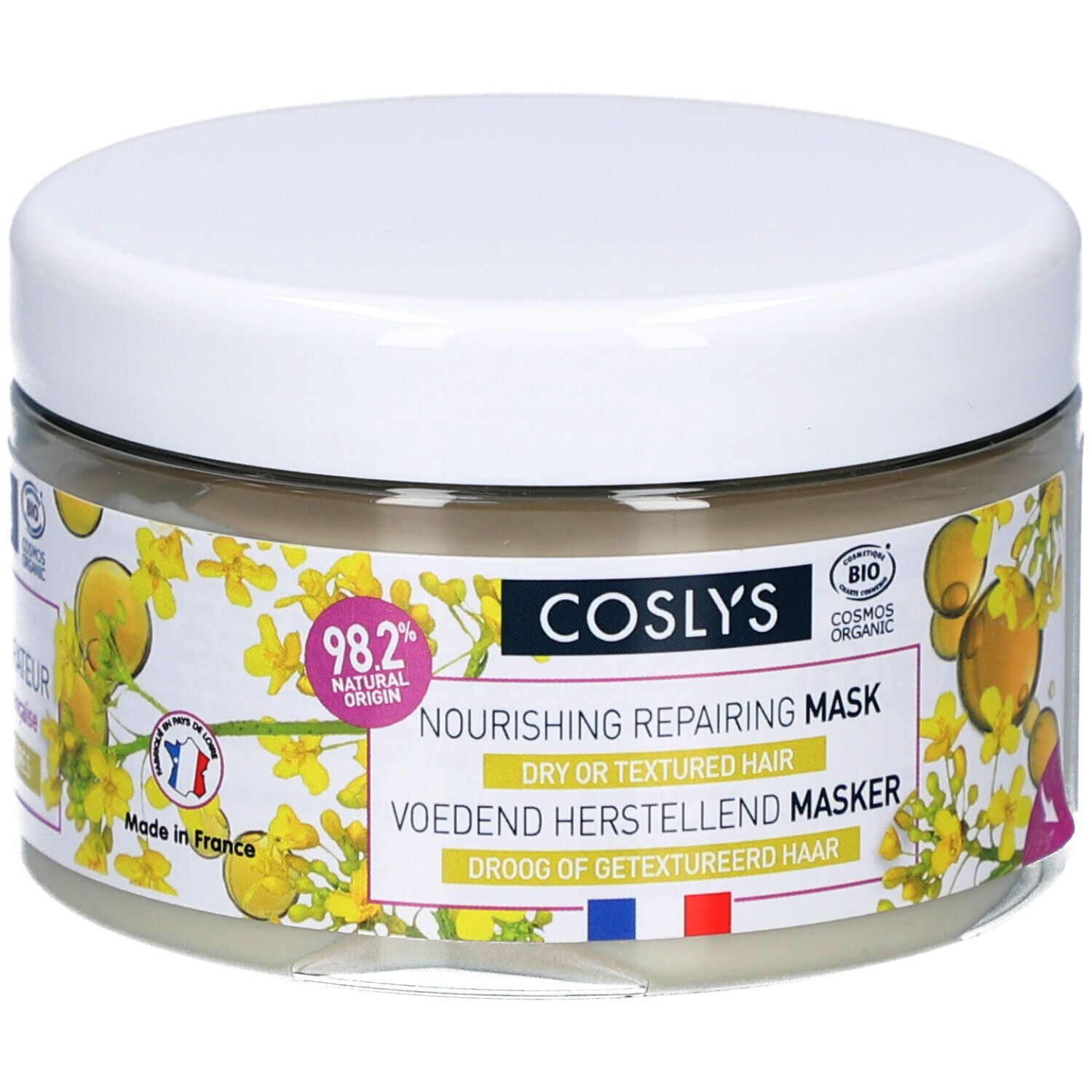 Glasbehälter mit weißem Deckel. Aufschrift: Nourishing Repairing Mask. Enthält 98,2% natürlichen Ursprungs. Mit französischem Bio-Siegel.