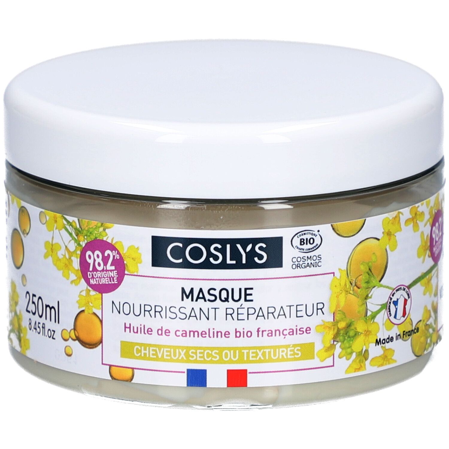 Glasbehälter mit weißem Deckel. Aufschrift: Coslys Masque Nourrissant Réparateur. Enthält 98,2% natürlichen Ursprungs. Mit französischem Bio-Siegel.