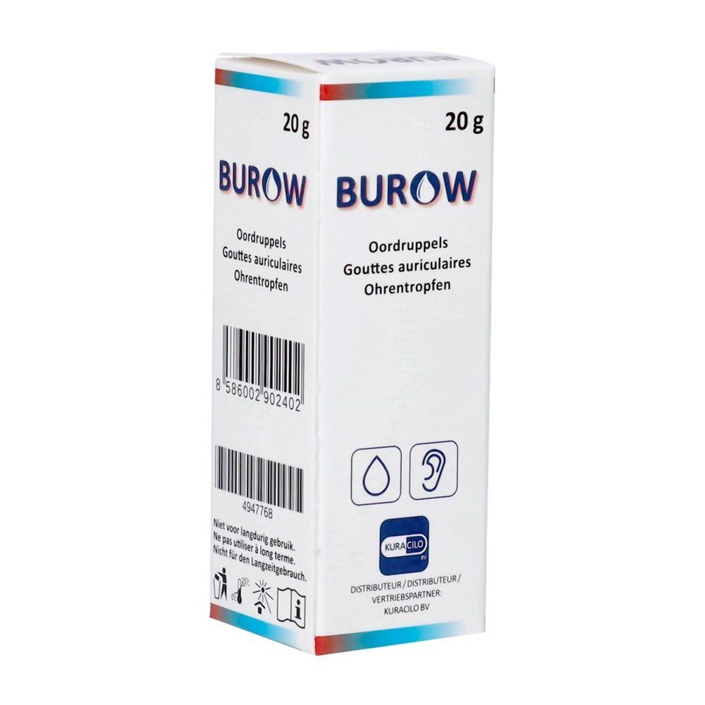 Boîte de gouttes auriculaires Burow 20g avec code-barres et symboles.