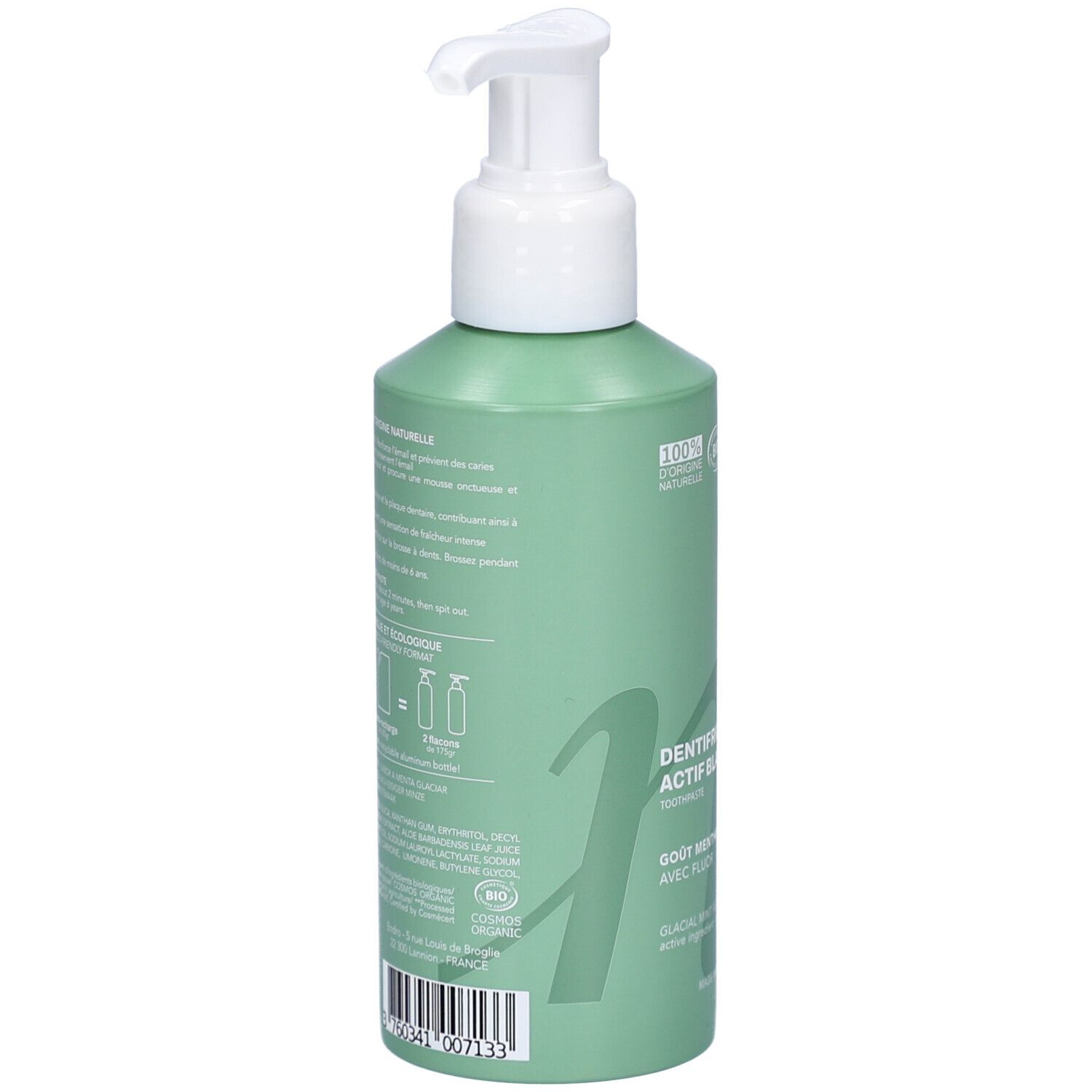 Rückseite einer grünen Tube mit Pumpspender, Endro Zahnpasta, Bio-Siegel und Anwendungshinweisen.