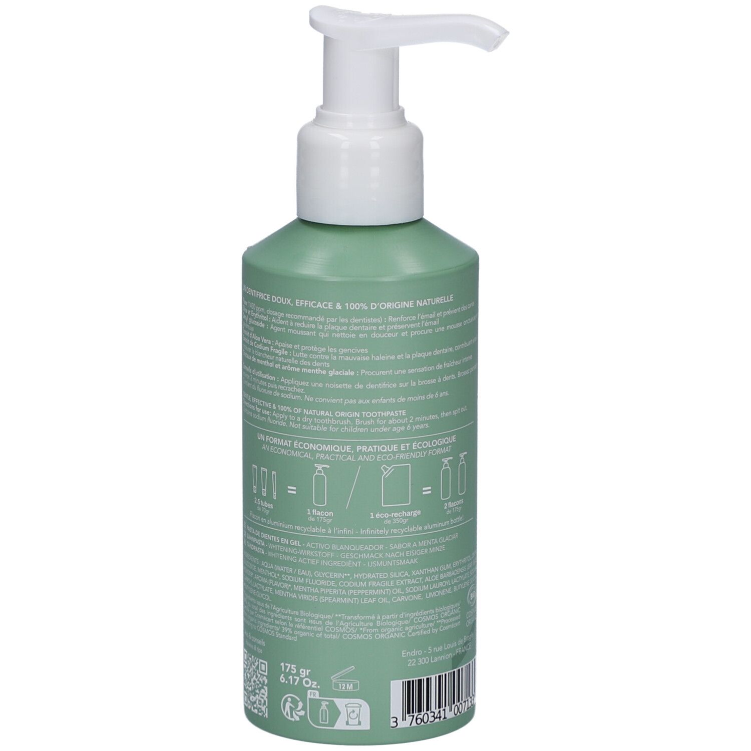 Rückseite einer grünen Tube mit Pumpspender, Endro Zahnpasta, Inhaltsstoffe und Barcode.