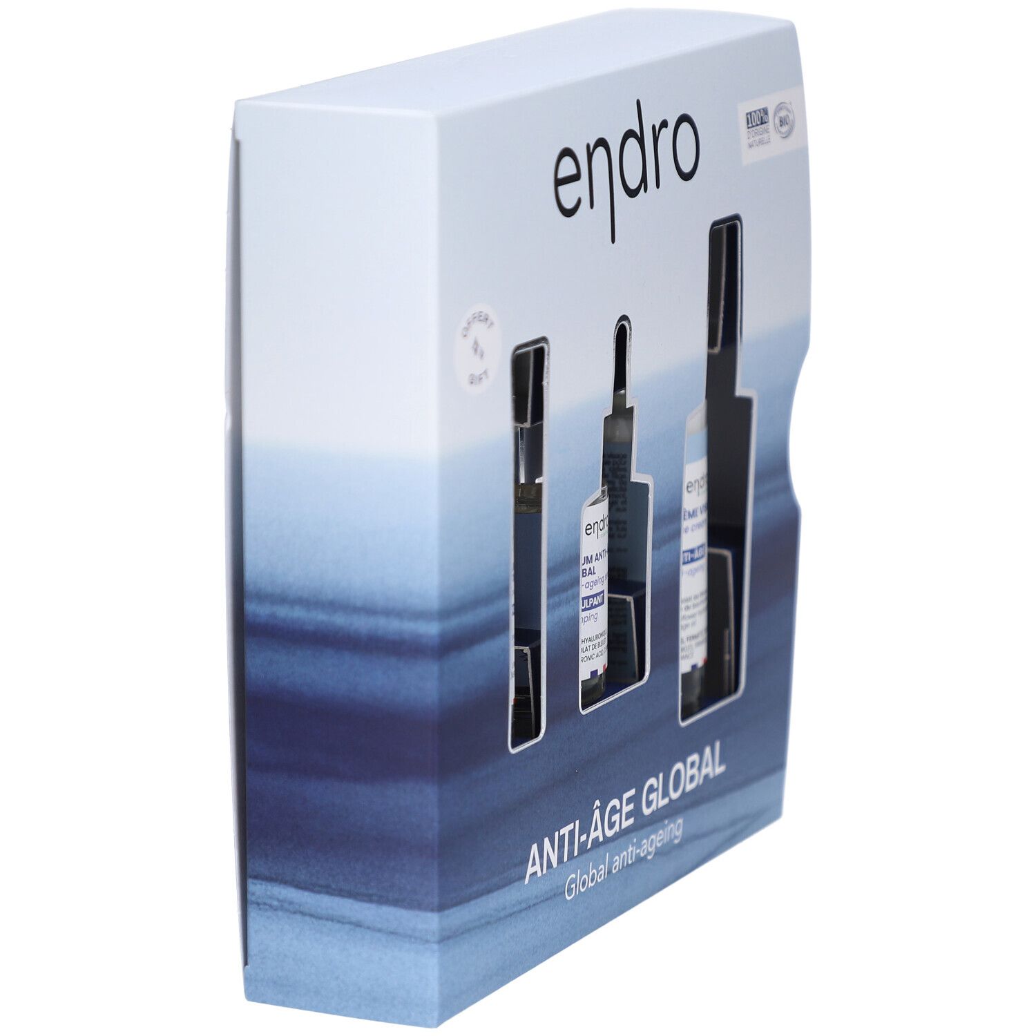 Geschenkset Endro, schräg von der Seite. Enthält drei Produkte in einer weißen Verpackung mit blauem Design.