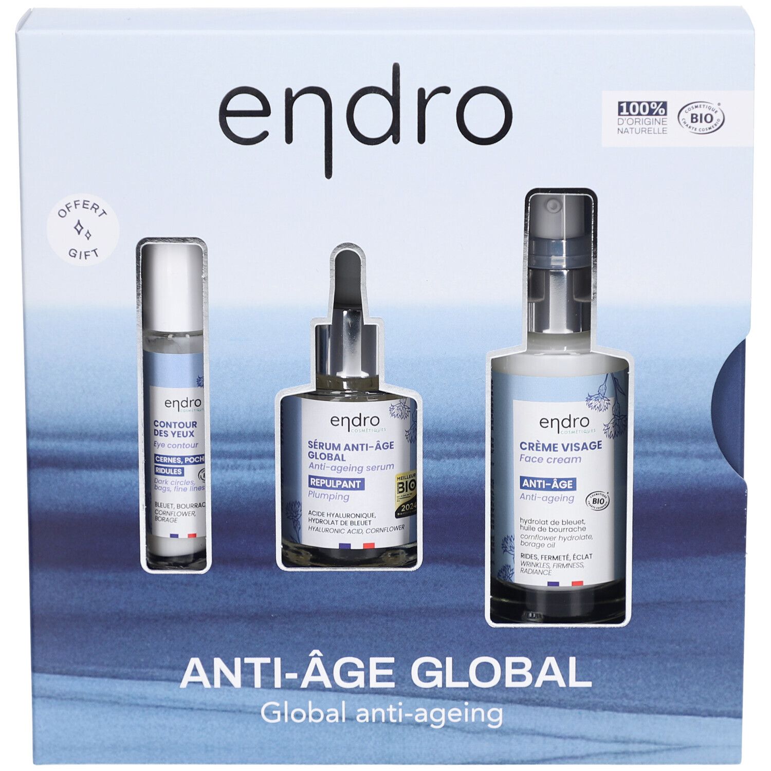 Geschenkset Endro mit drei Produkten: Augenpflege, Serum und Creme. Verpackung mit Logo und Produktnamen.