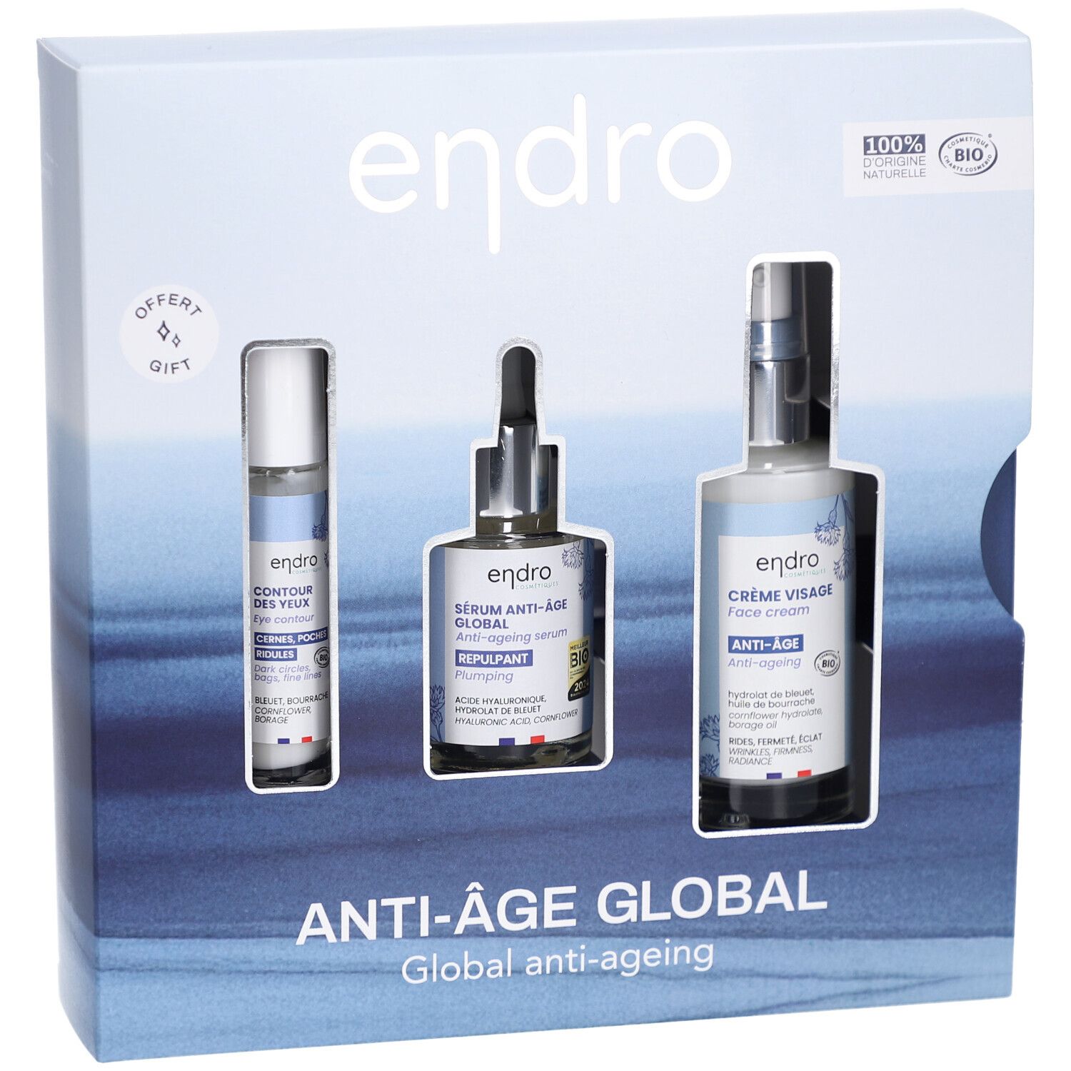 Geschenkset Endro mit drei Produkten: Augenpflege, Serum und Creme. Verpackung mit Logo und Produktnamen.