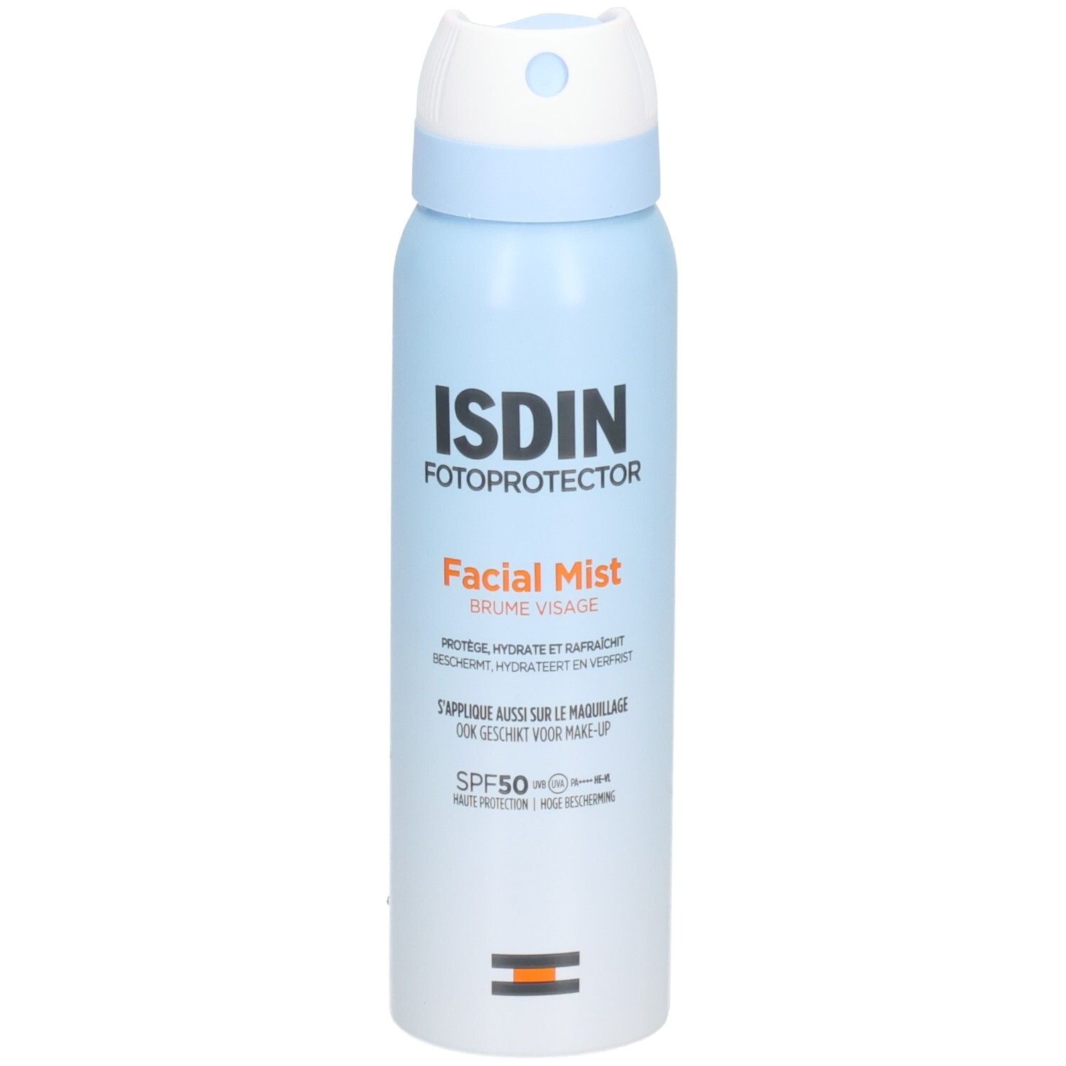 Hellblaue Sprühflasche mit weißem Sprühkopf. Aufschrift ISDIN Fotoprotector Facial Mist SPF50. Orangefarbene Schrift.