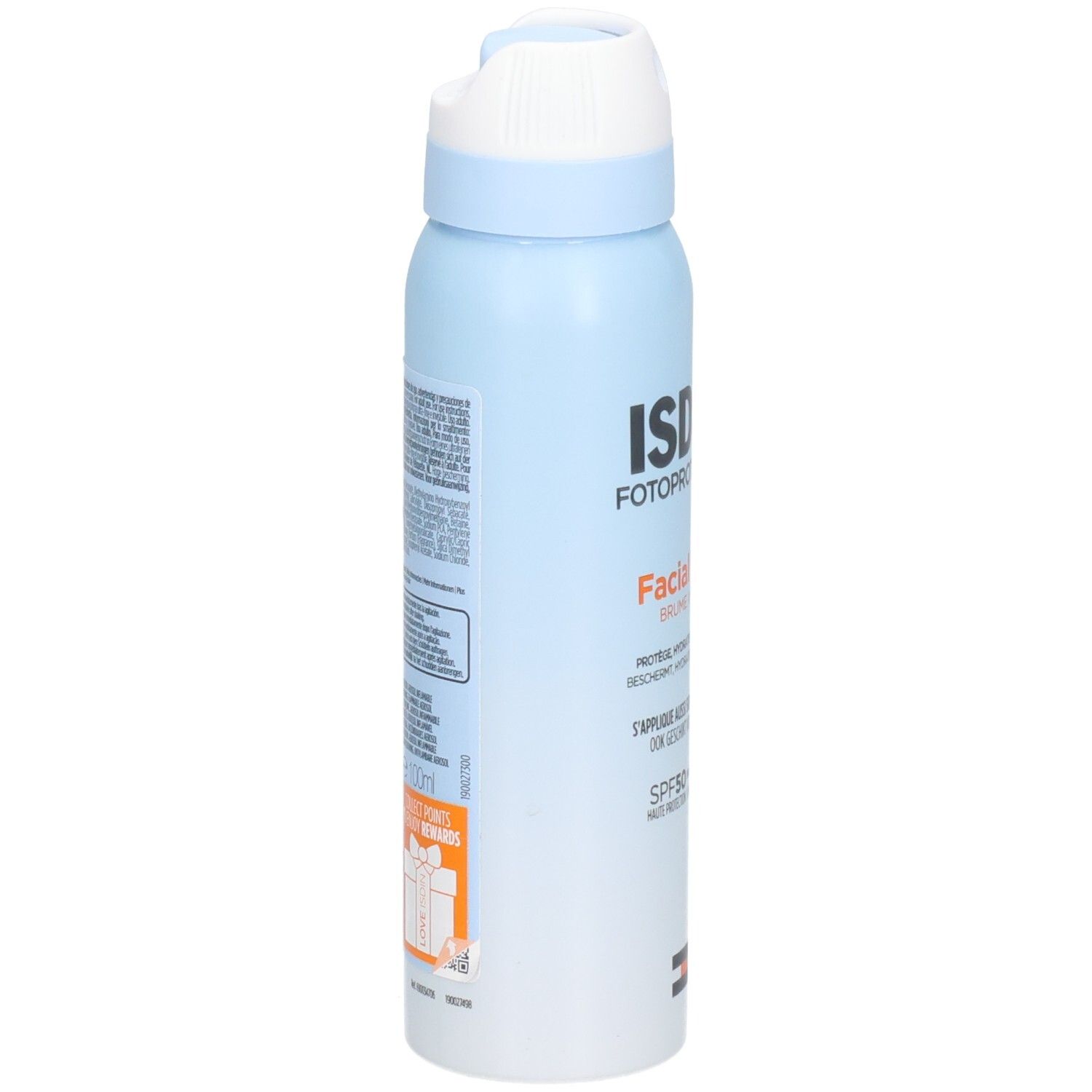 Hellblaue Sprühflasche, Seitenansicht. Aufschrift ISDIN Fotoprotector. Text und Informationen auf der Rückseite.