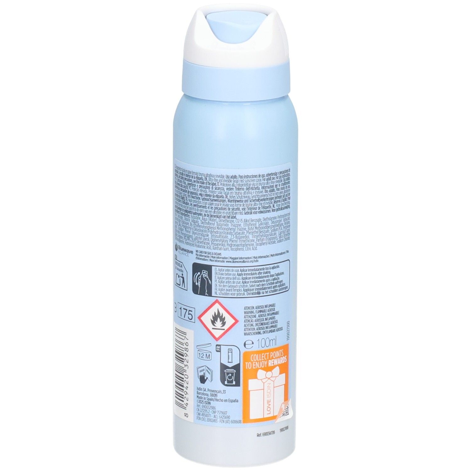 Rückseite der hellblauen Sprühflasche. Text und Piktogramme. Warnhinweis und Informationen zur Anwendung.