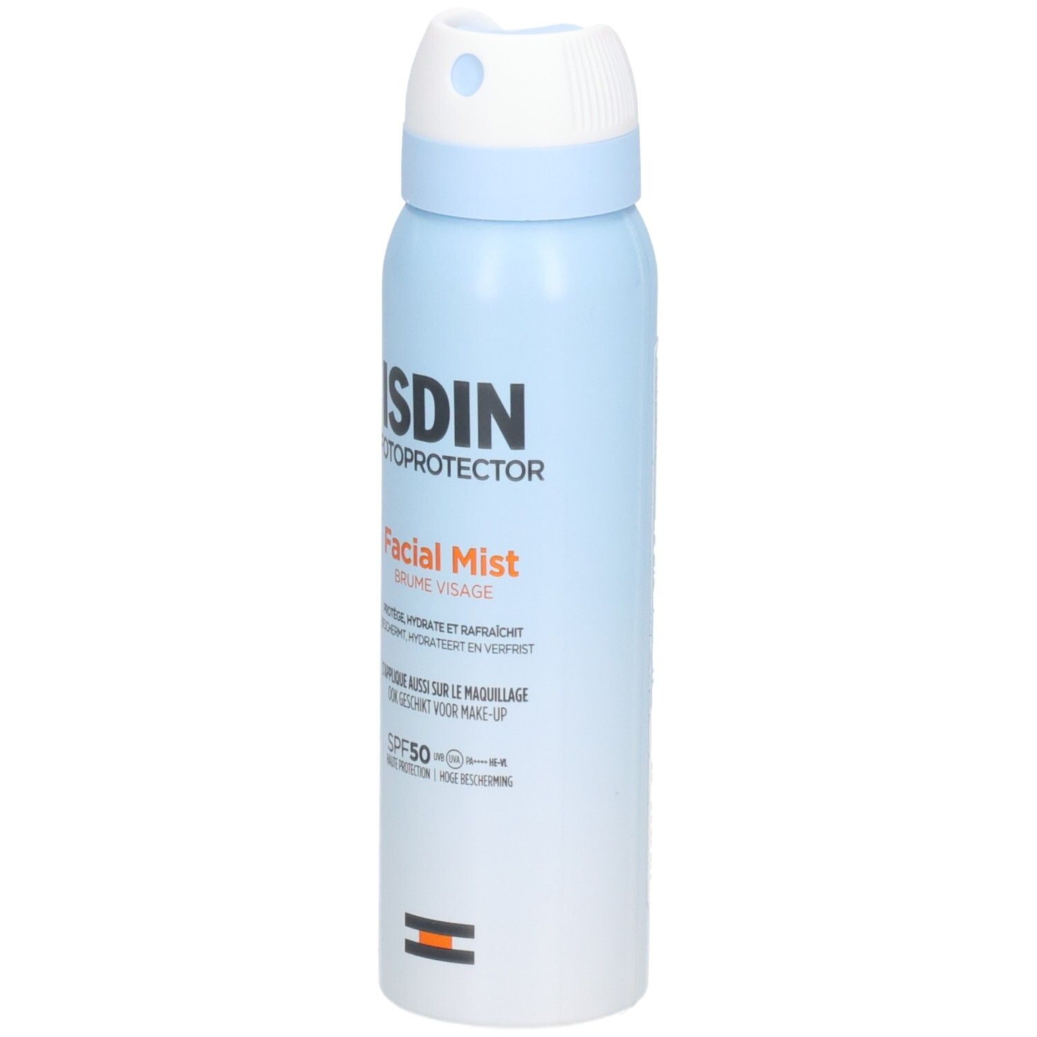 Hellblaue Sprühflasche mit weißem Sprühkopf. Aufschrift ISDIN Fotoprotector Facial Mist SPF50. Orangefarbene Schrift.