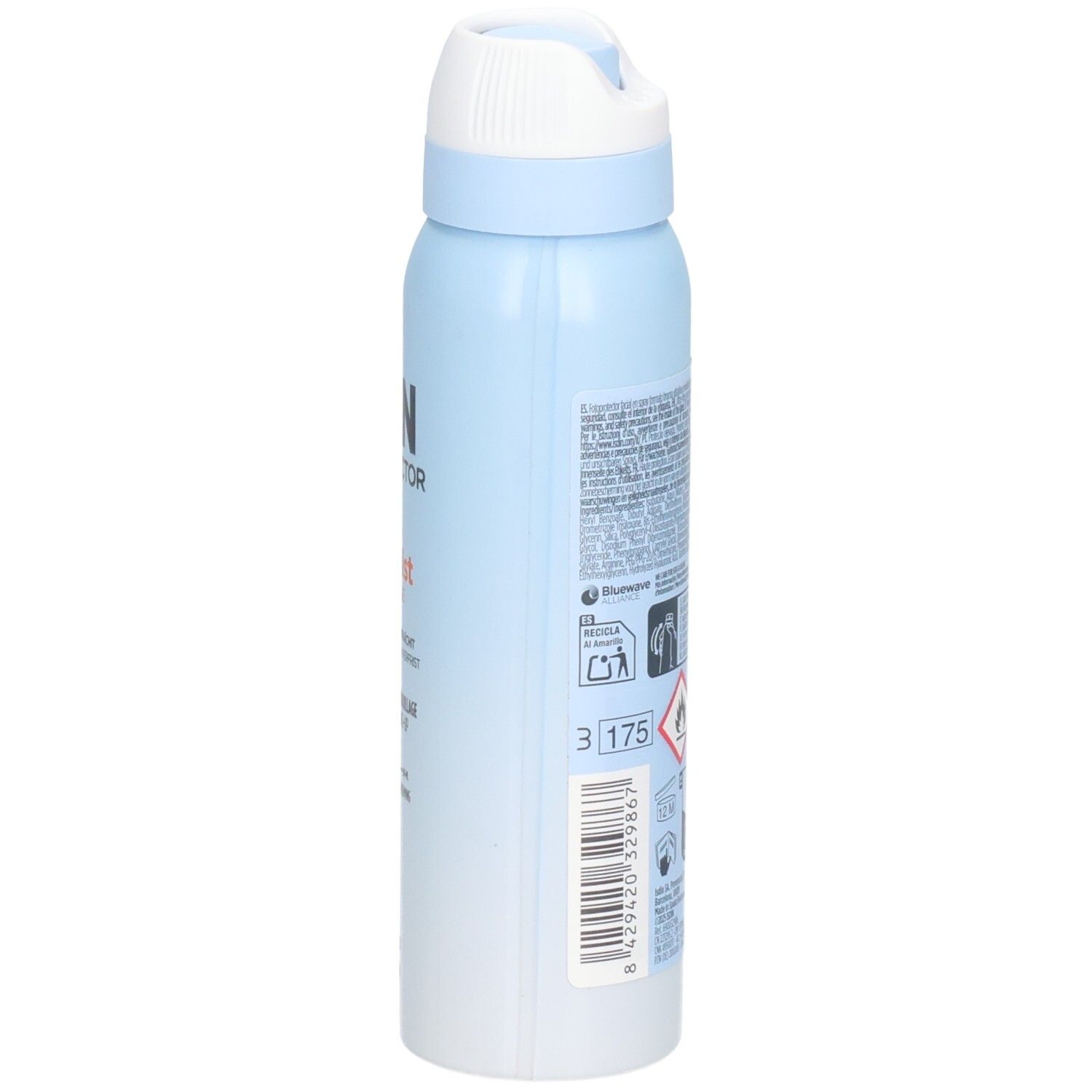 Hellblaue Sprühflasche, Seitenansicht. Aufschrift ISDIN Fotoprotector. Text und Piktogramme auf der Rückseite.
