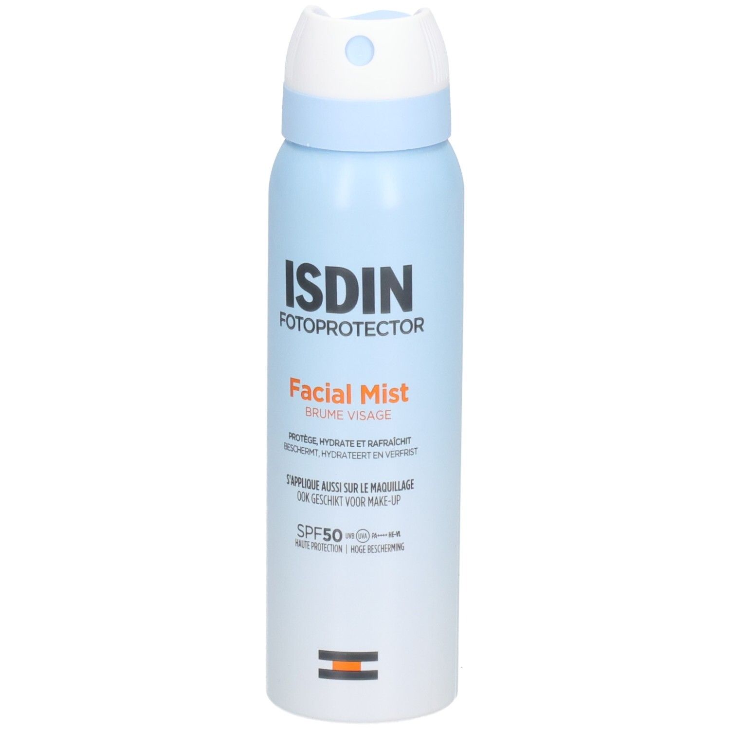 Hellblaue Sprühflasche mit weißem Sprühkopf. Aufschrift ISDIN Fotoprotector Facial Mist SPF50. Orangefarbene Schrift.