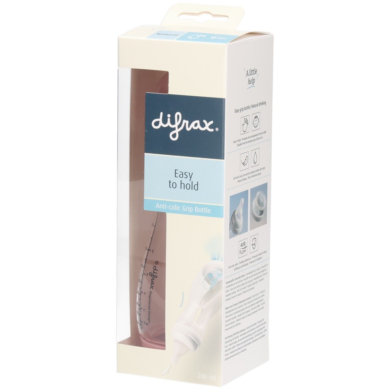 Verpackung mit Babyflasche. Sichtbar: difrax-Logo, "Easy to hold", Anti-colic Grip Bottle. Flasche rosa, mit Griffen.