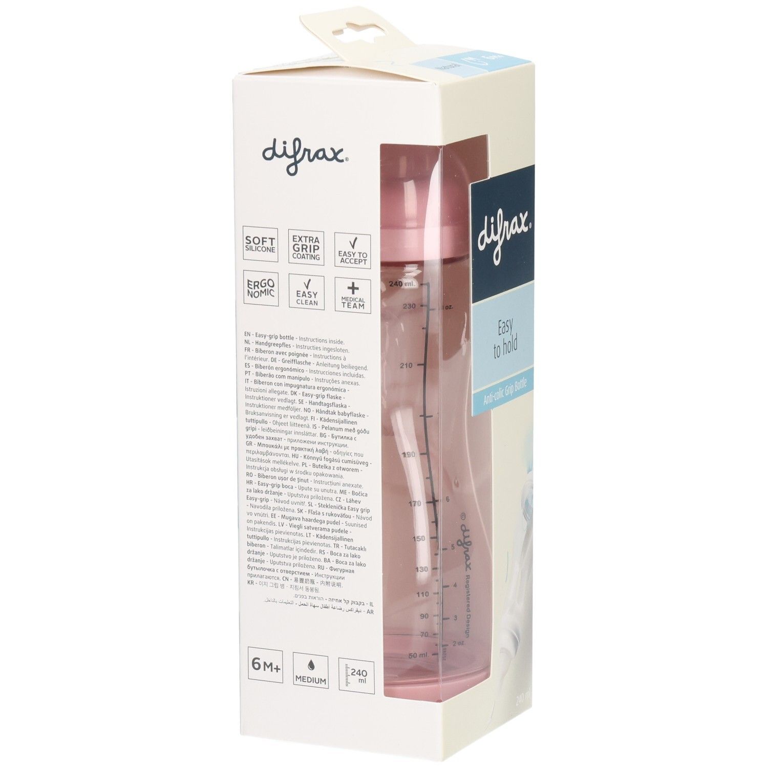 Verpackung mit Babyflasche. difrax-Logo, "Easy to hold", Anti-colic Grip Bottle. Flasche rosa, 240 ml, 6M+.
