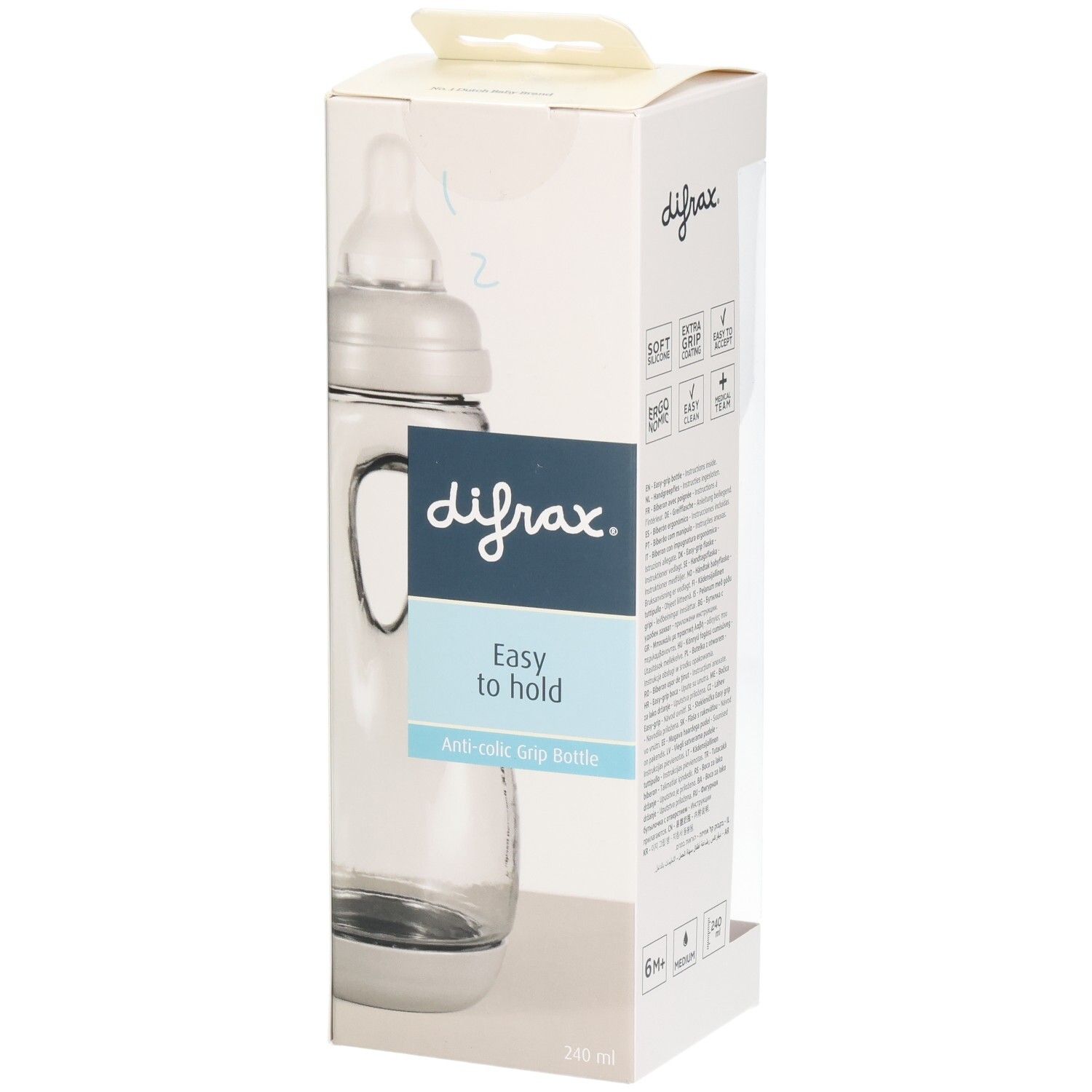 Verpackung mit Babyflasche. difrax-Logo, "Easy to hold", Anti-colic Grip Bottle. Flasche transparent, mit Griffen.