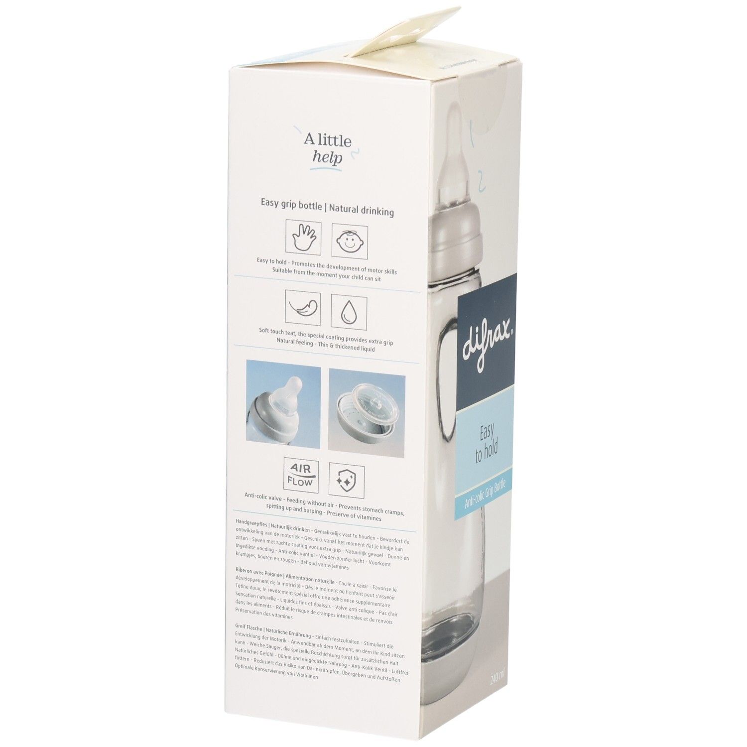 Verpackung mit Babyflasche. difrax-Logo, "Easy to hold", Anti-colic Grip Bottle. Flasche transparent, mit Griffen.