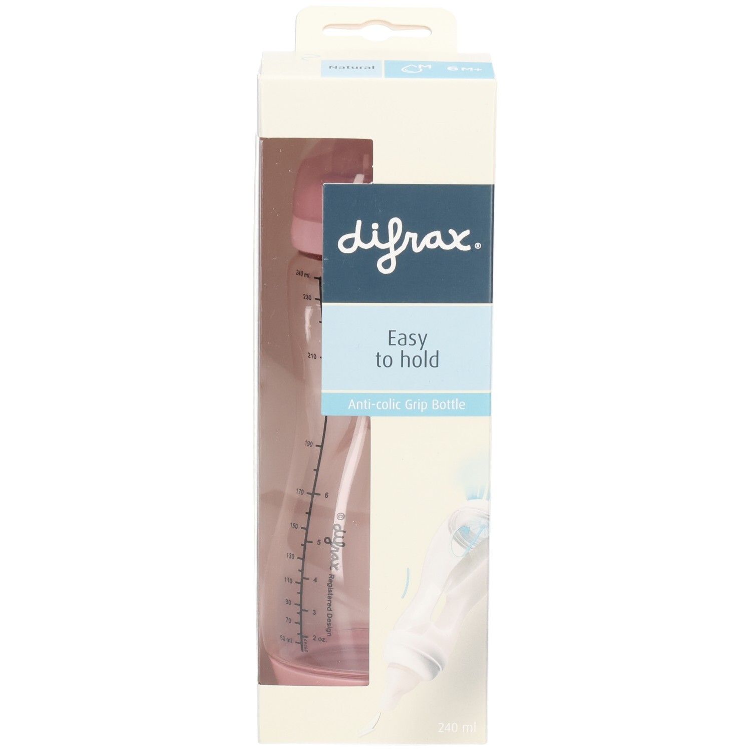 Verpackung mit Babyflasche. difrax-Logo, "Easy to hold", Anti-colic Grip Bottle. Flasche rosa, mit Messskala.