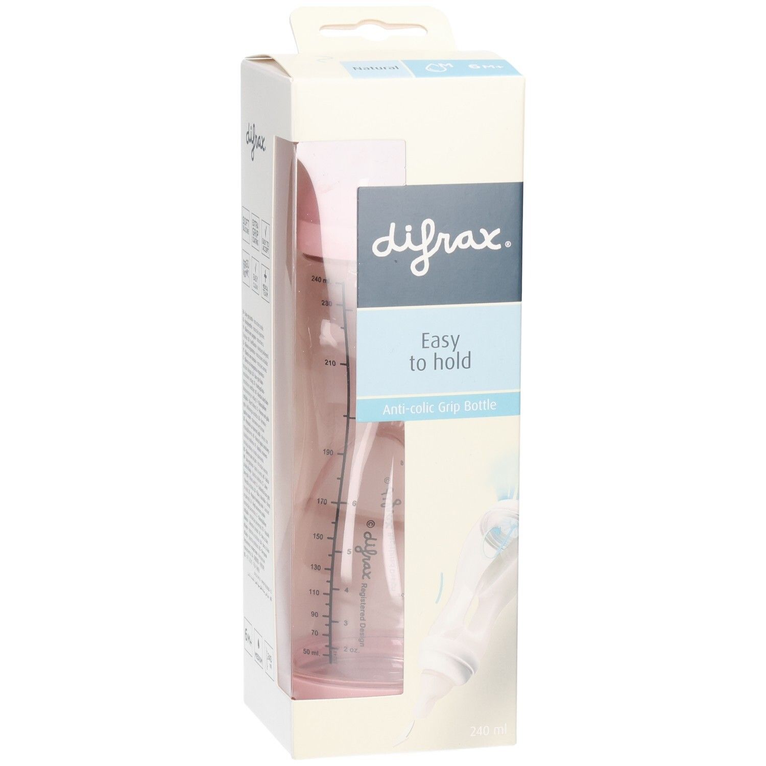 Verpackung mit Babyflasche. difrax-Logo, "Easy to hold", Anti-colic Grip Bottle. Flasche rosa, mit Messskala.