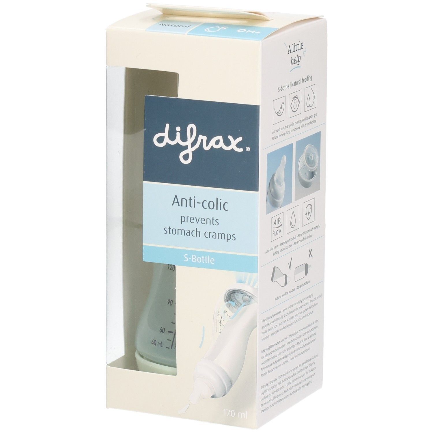 Verpackung mit Babyflasche. Sichtbar: Marke Difrax, Anti-colic, S-Bottle. Flasche in hellgrün, mit Messskala. 170 ml.