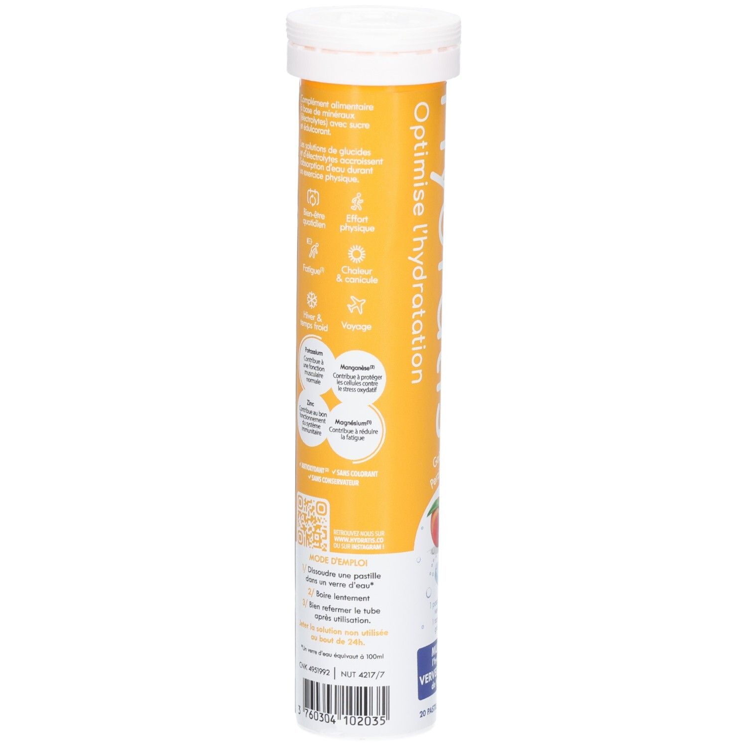 Zylindrische Verpackung mit Hydratis-Tabletten. Gelber Hintergrund mit Produktinformationen und QR-Code.