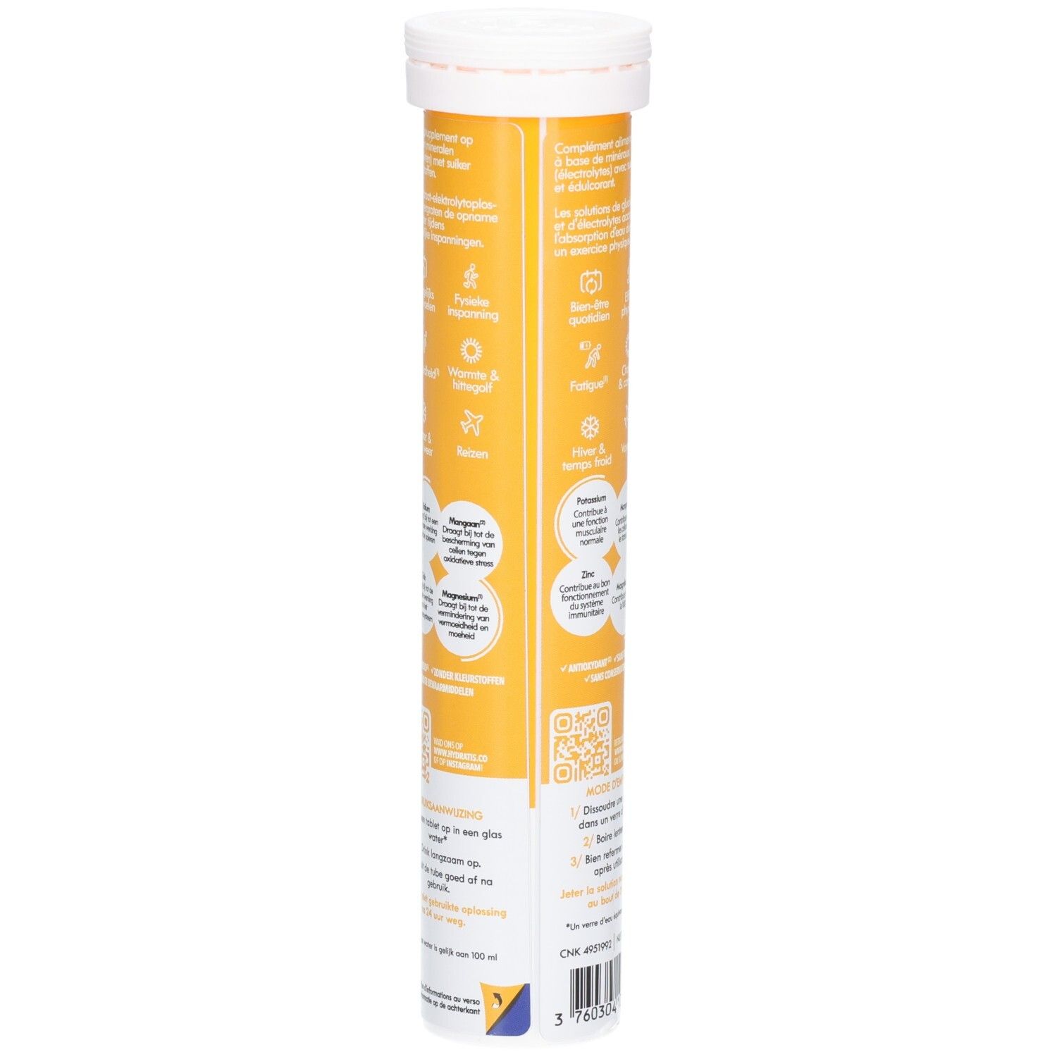 Zylindrische Verpackung mit Hydratis-Tabletten. Gelber Hintergrund mit Produktinformationen und Icons.