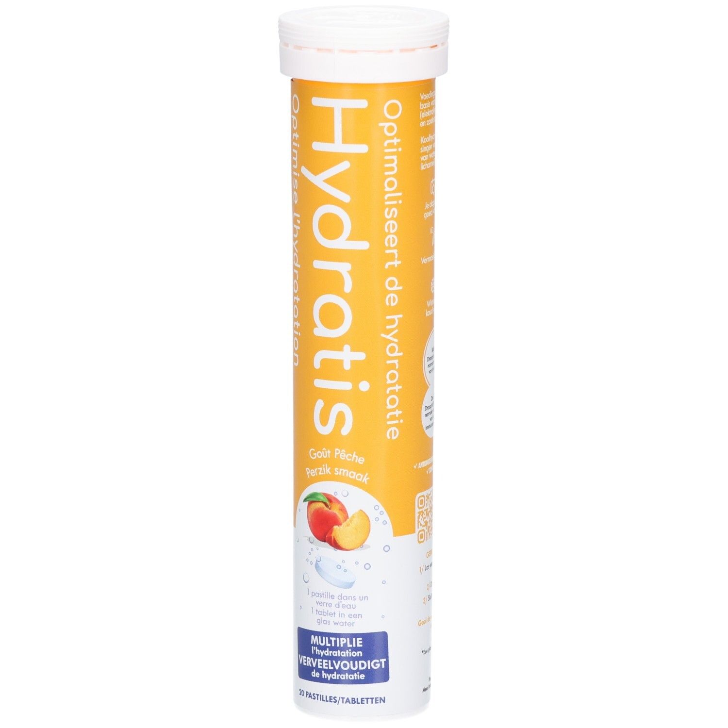 Zylindrische Verpackung mit Hydratis-Tabletten. Aufschrift: Hydratis, Pfirsich-Geschmack. Abbildung: Pfirsich und Tablette.