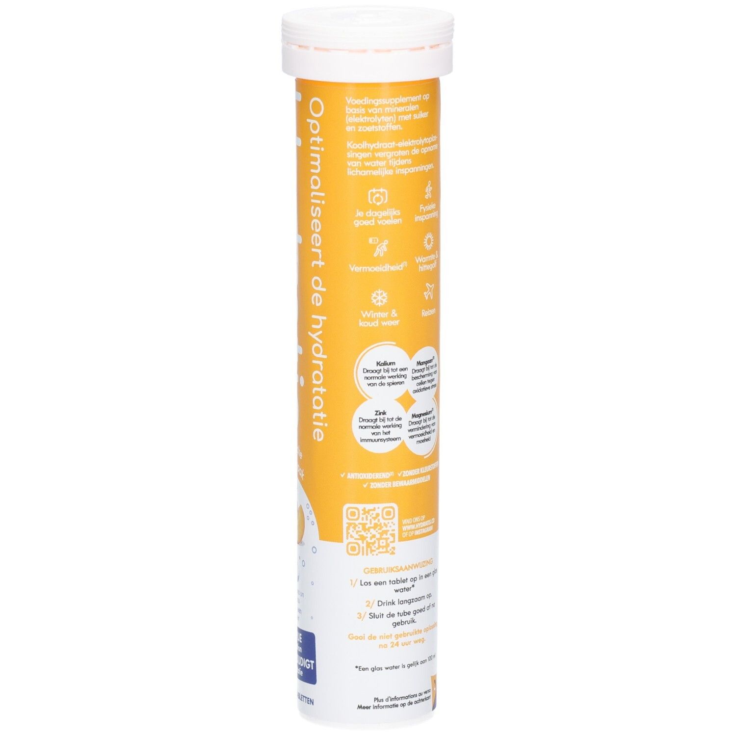 Zylindrische Verpackung mit Hydratis-Tabletten. Gelber Hintergrund mit Produktinformationen und Icons.