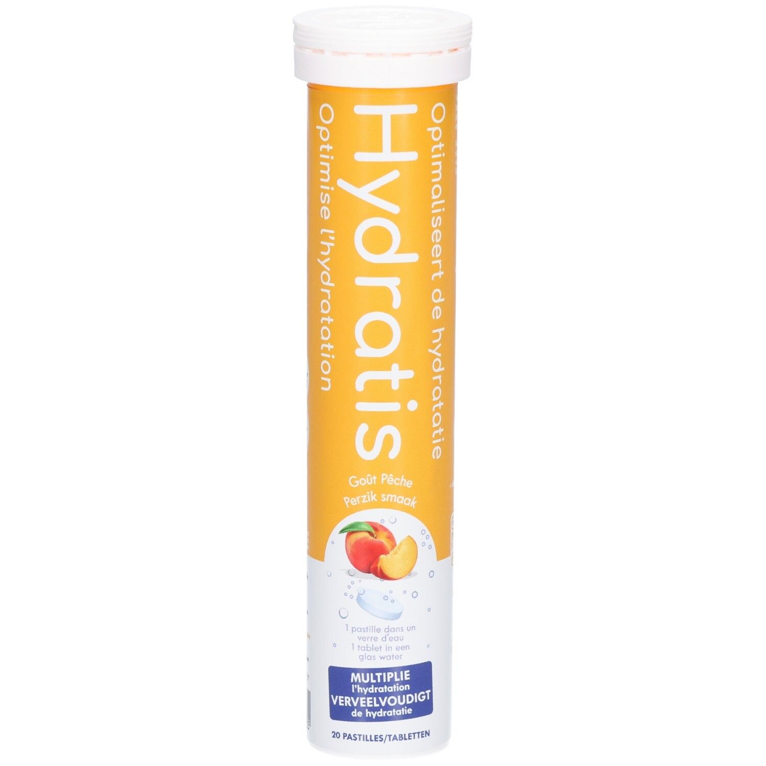Zylindrische Verpackung mit Hydratis-Tabletten. Aufschrift: Hydratis, Pfirsich-Geschmack. Abbildung: Pfirsich und Tablette.
