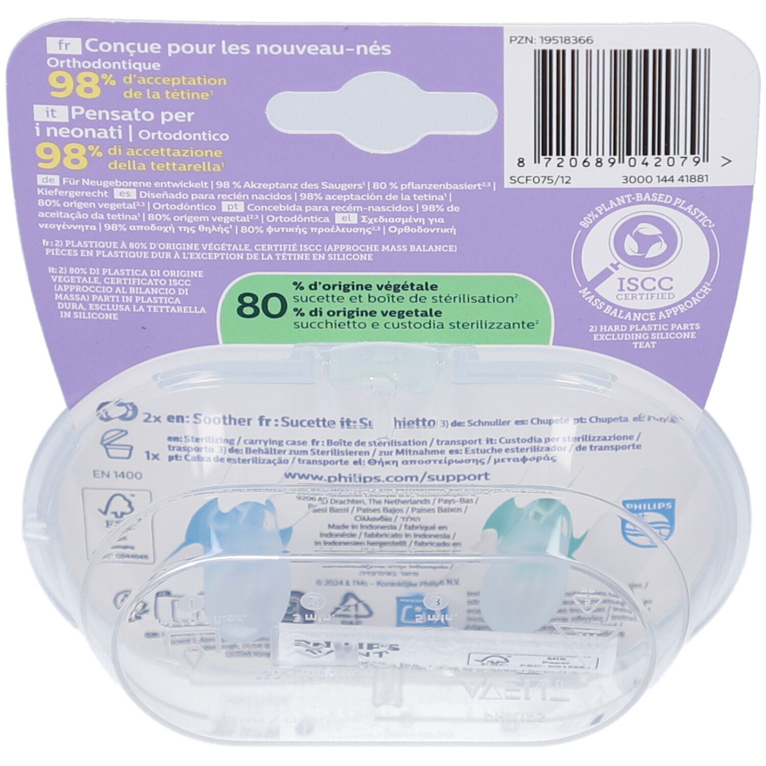 Rückseite der Verpackung mit Produktinformationen. Zwei Schnuller in einer transparenten Hülle. Text und Logos.
