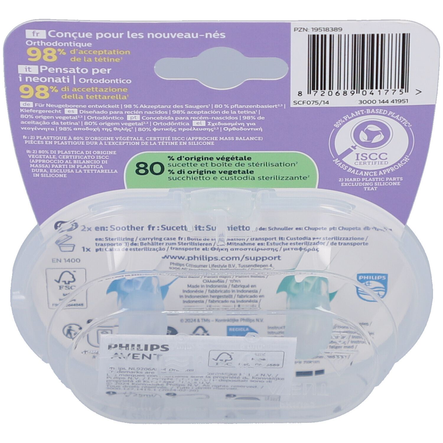 Rückseite der Verpackung mit Produktinformationen und Logo. Enthält Informationen über die Zusammensetzung und Zertifizierungen.