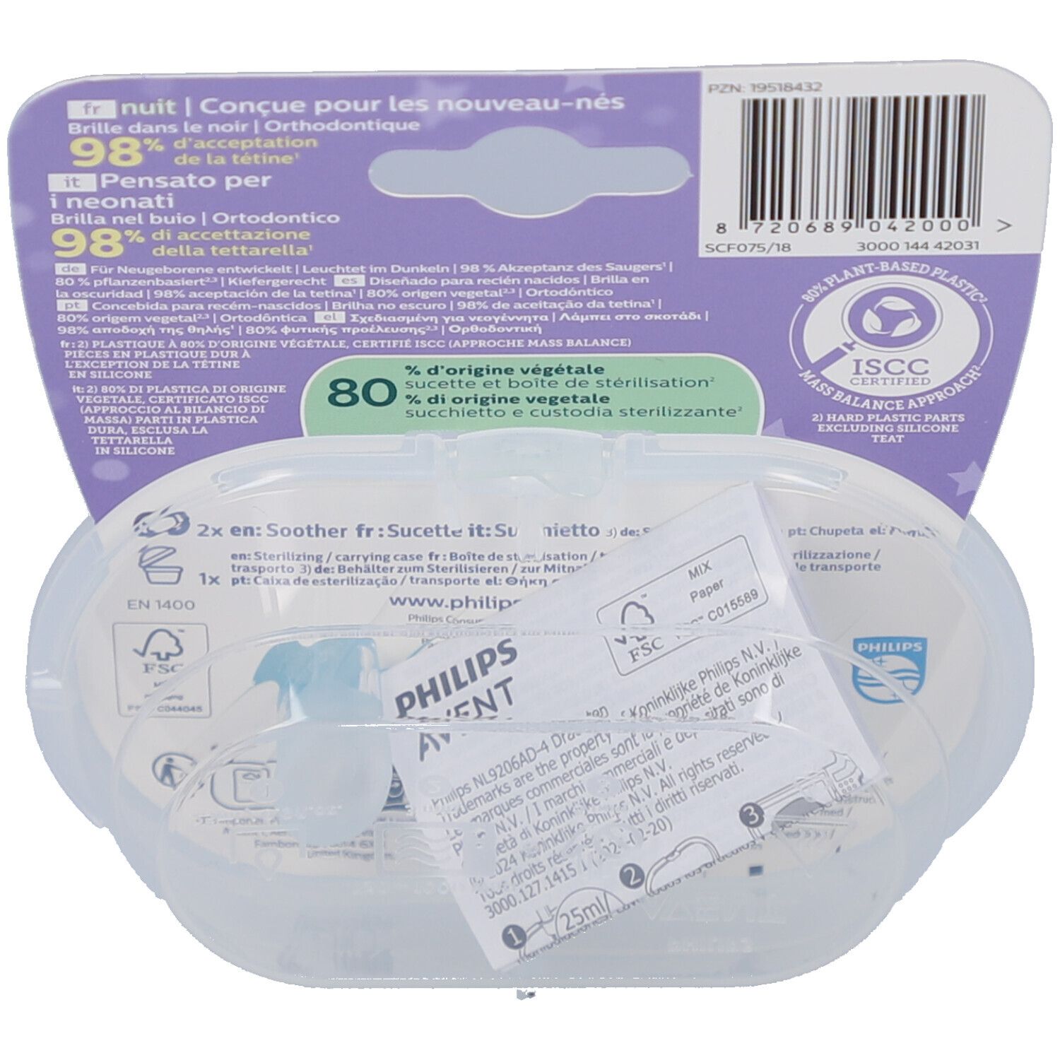 Rückseite der Philips Avent Schnuller-Verpackung. Transparente Hülle mit zwei Schnullern und Papier.
