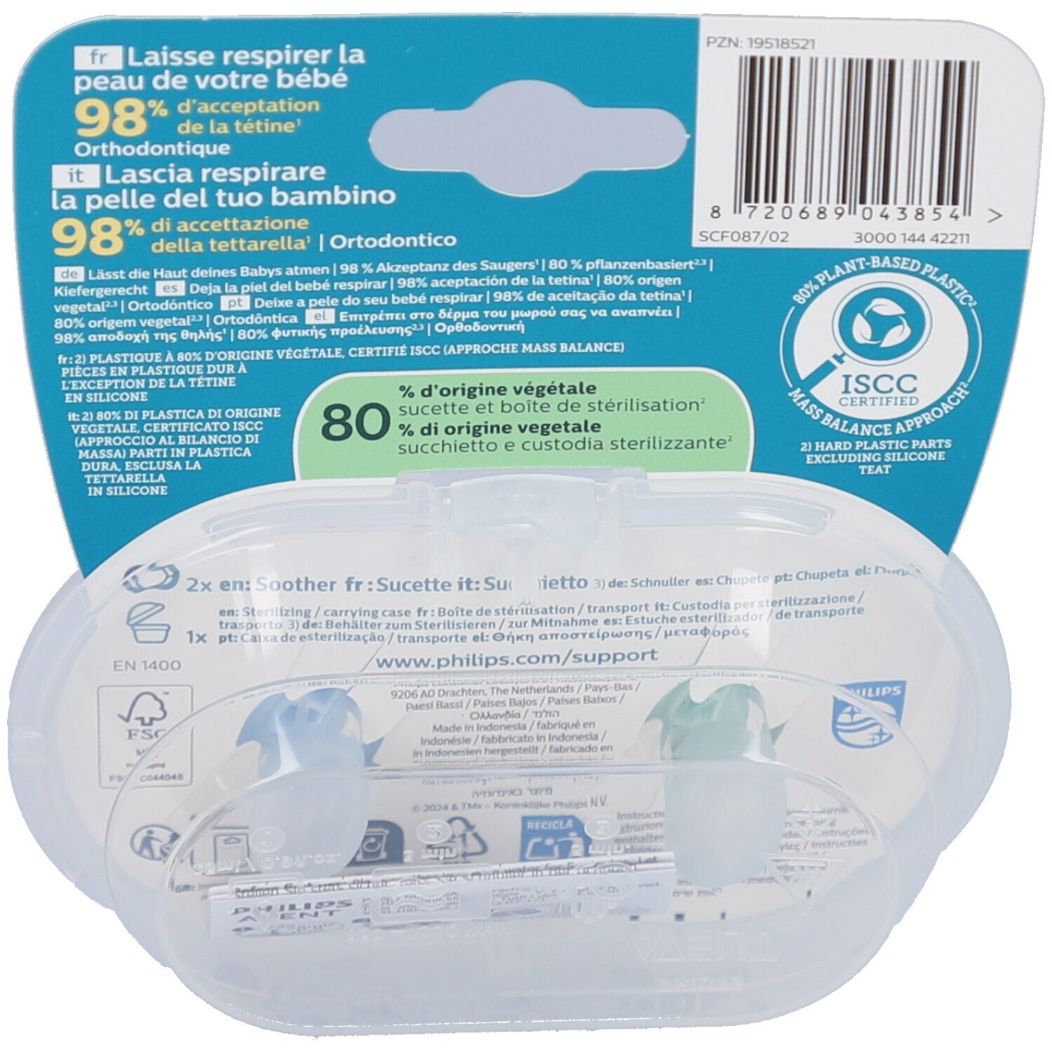 Rückseite der Verpackung mit Produktinformationen und Zertifizierungen. Transparente Kunststoffverpackung mit zwei Schnullern.