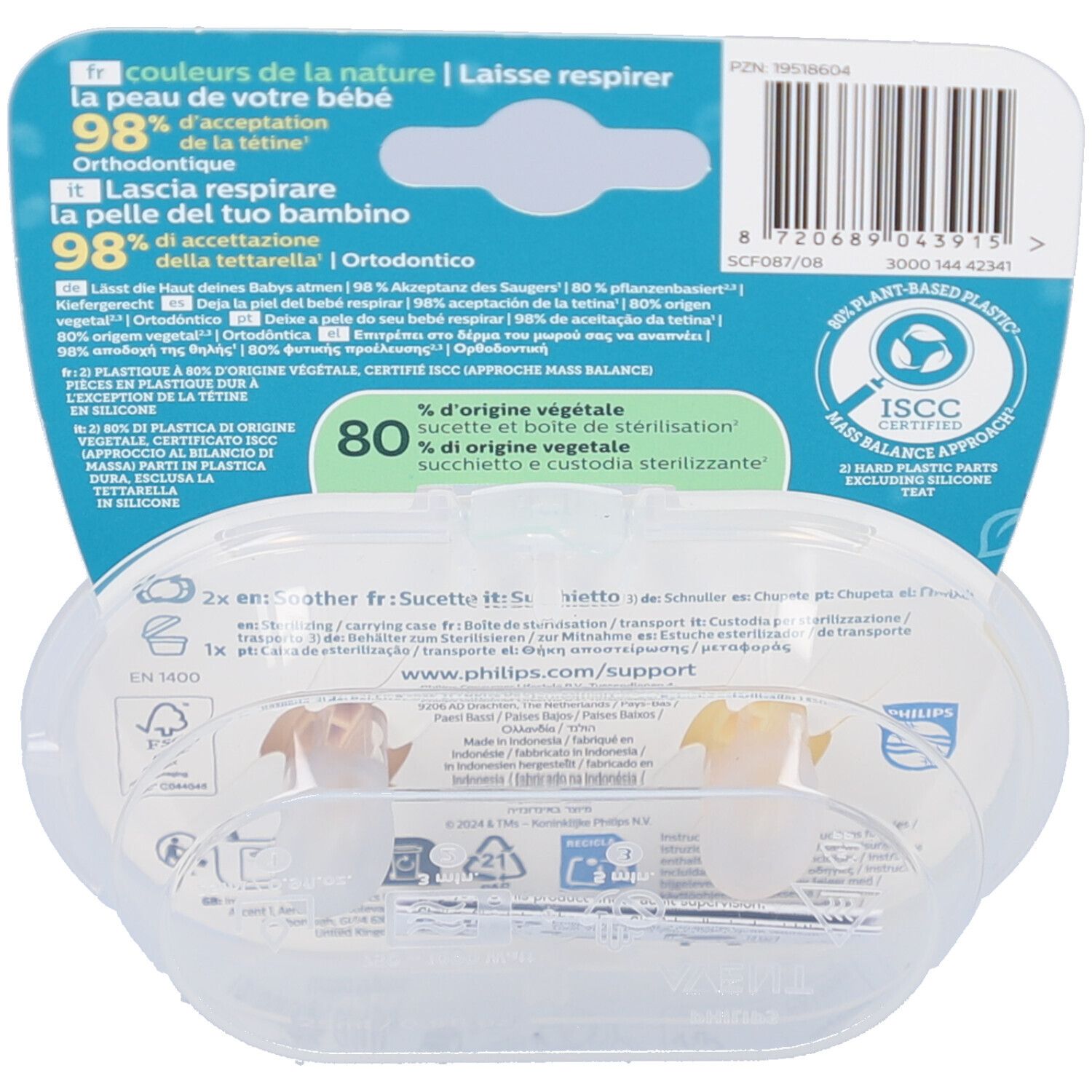 Rückseite der Verpackung mit Produktinformationen. Transparente Aufbewahrungsbox. 80% pflanzlich.