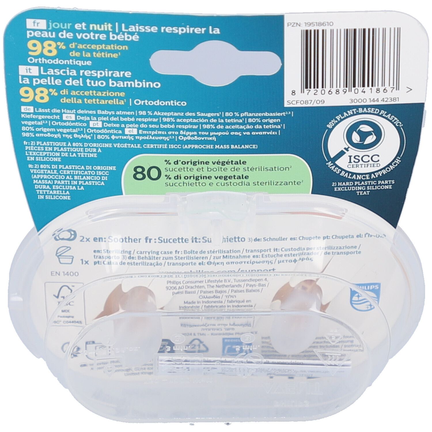 Rückseite der Verpackung mit Produktinformationen. Text in mehreren Sprachen. Zertifizierungslogo für Kunststoff.