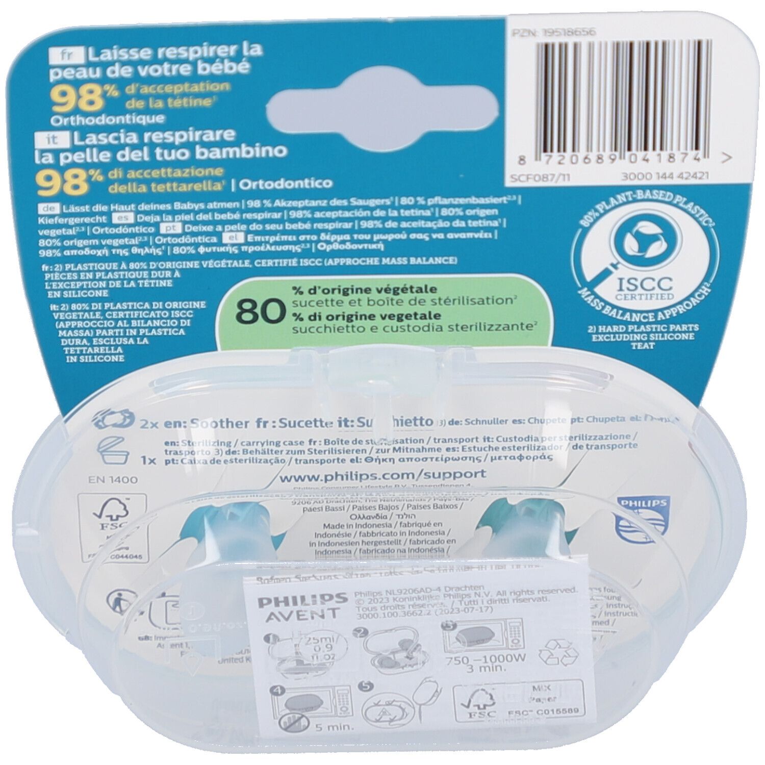 Rückseite der Verpackung mit Produktinformationen, Logos und Barcode. Enthält Text in mehreren Sprachen.