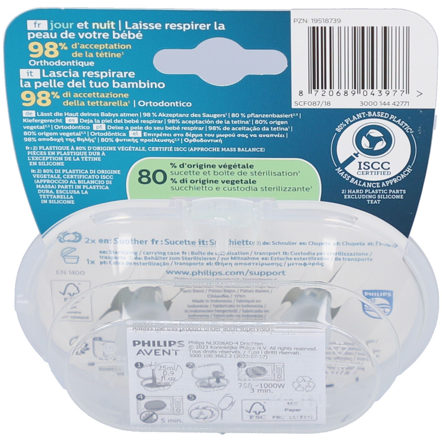 Rückseite der Verpackung mit Produktinformationen, Barcode und Logo. Transparente Kunststoffbox mit zwei Schnullern.