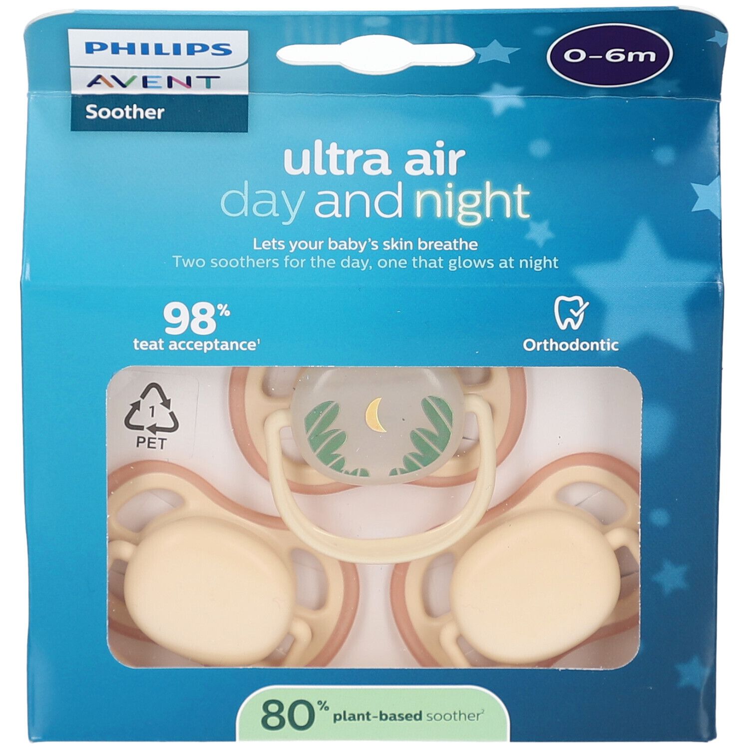 Verpackung mit drei Schnullern. Sichtbar: Philips Avent, Ultra Air, 0-6m. Zwei Schnuller für den Tag, einer leuchtet in der Nacht.