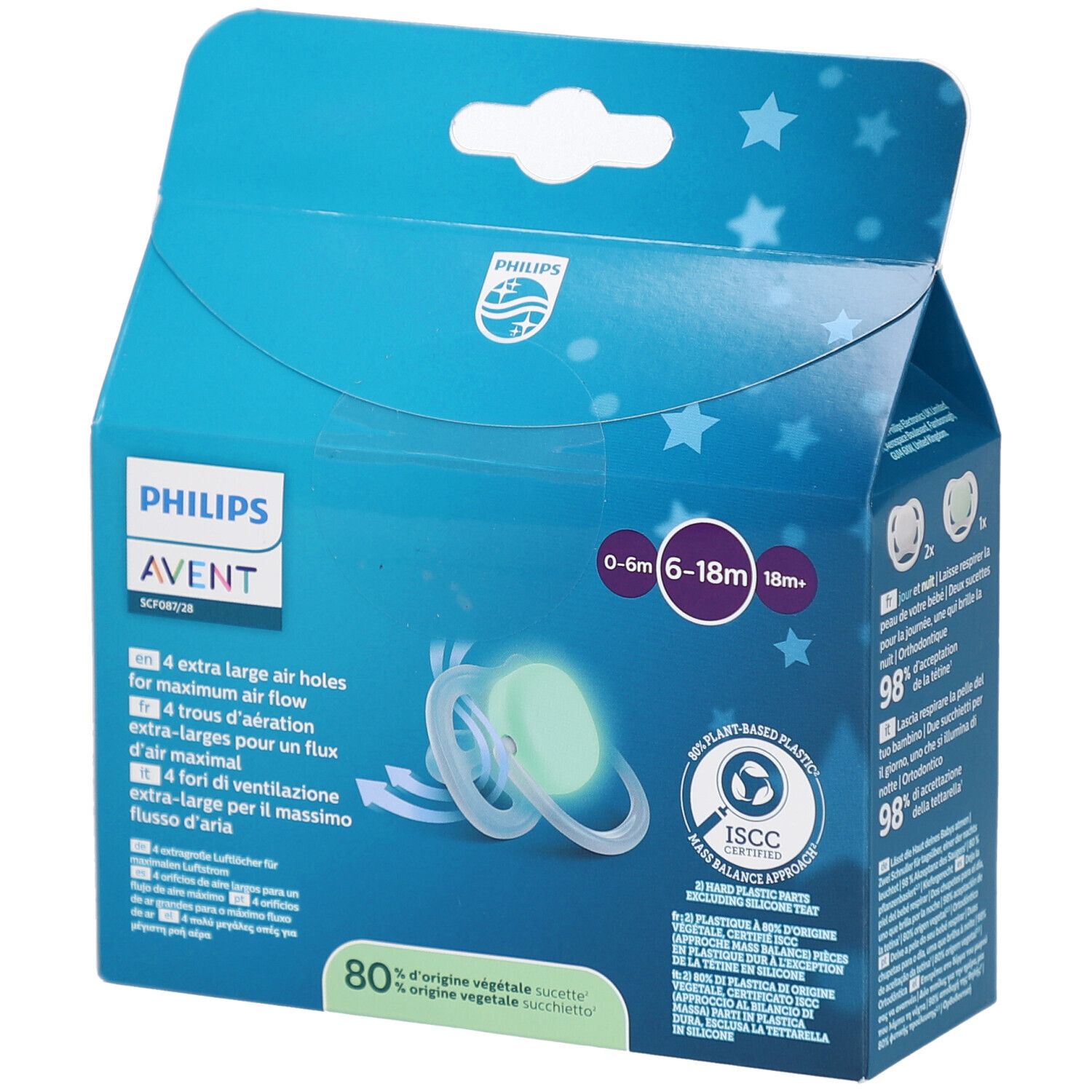 Philips Avent Schnuller-Verpackung. Text: 0-6m, 6-18m, 18m+. Vier große Luftlöcher. Ein Schnuller leuchtet. ISCC-Zertifizierung.