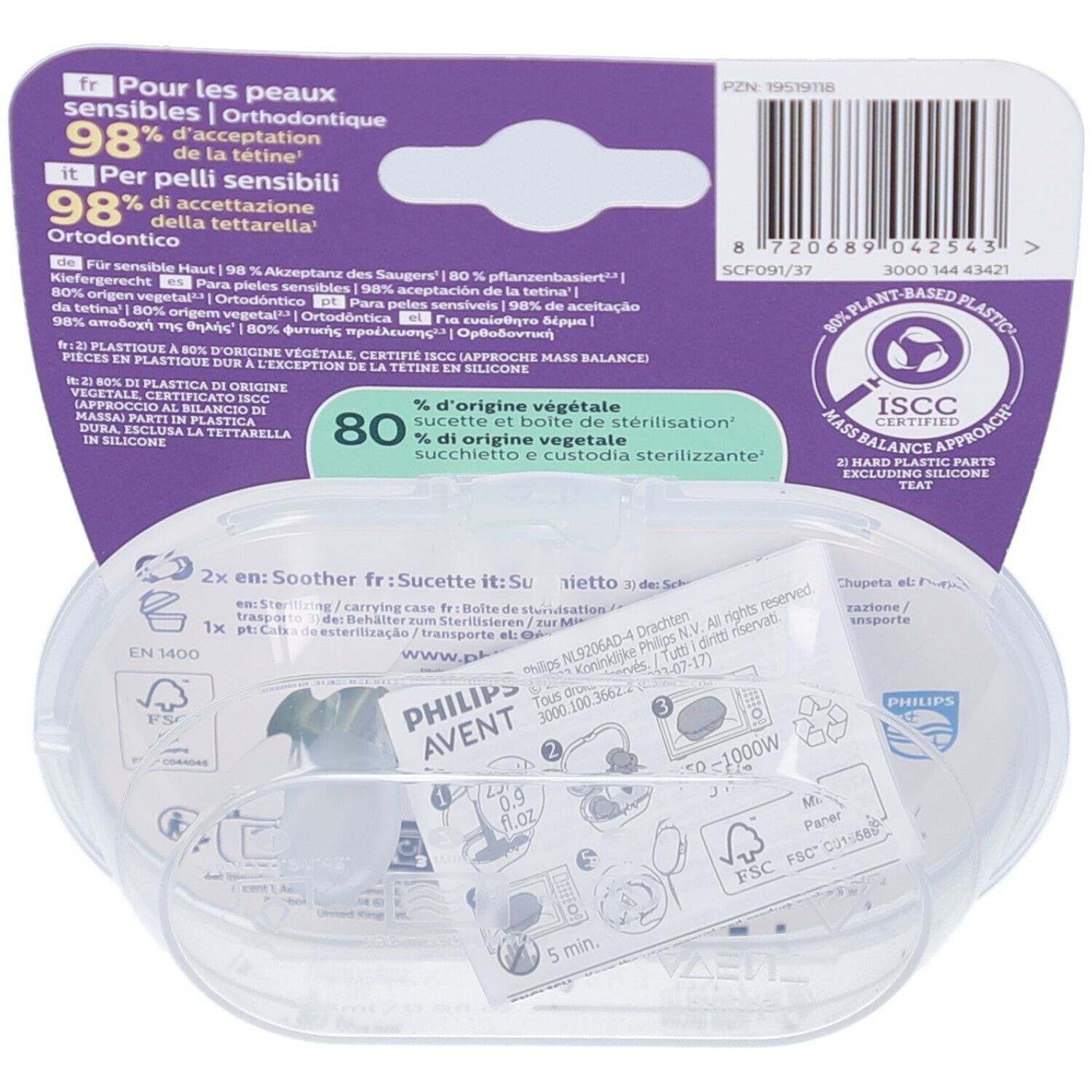 Rückseite der Philips Avent Schnuller-Verpackung mit Produktinformationen und Zertifizierungen.