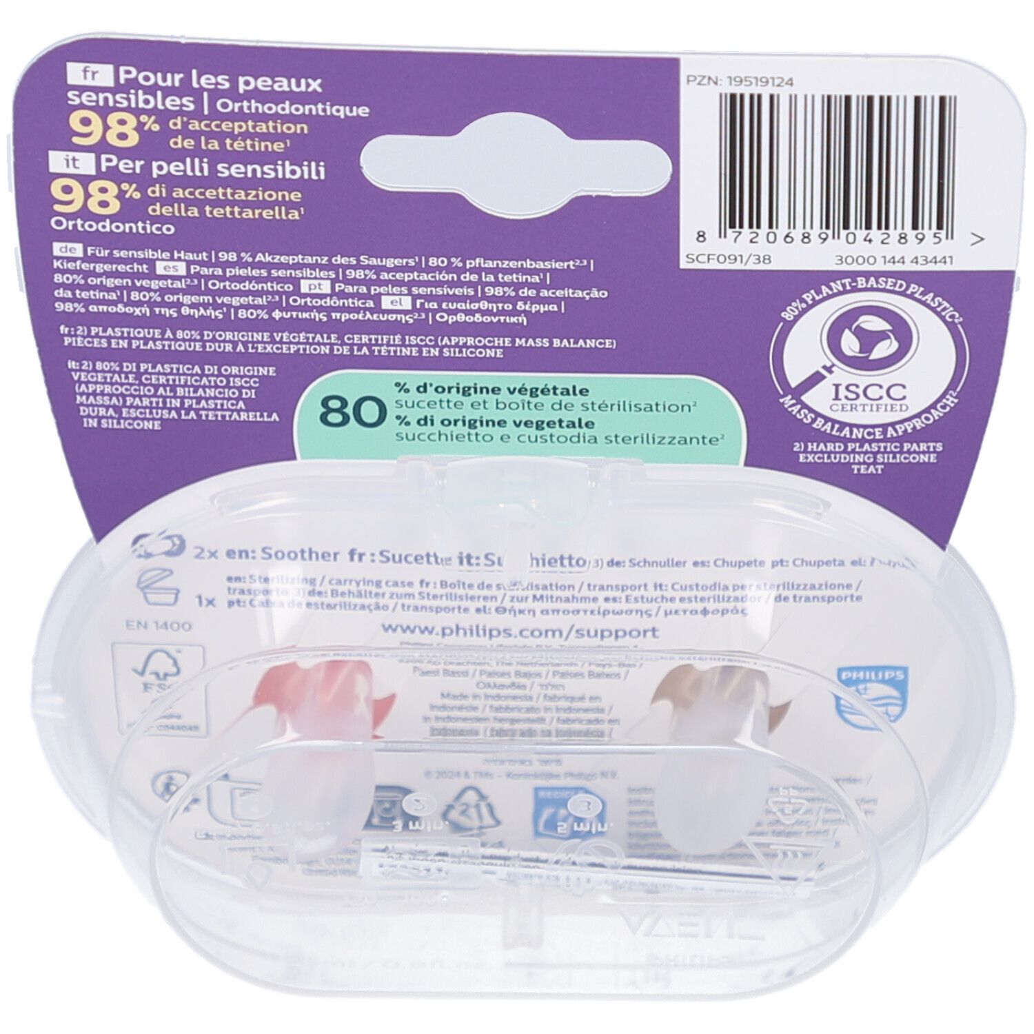 Rückseite der Verpackung mit Produktinformationen. Philips Avent. 80% pflanzlich. Mit sterilisierbarer Hülle. Kunststoff aus nachwachsenden Rohstoffen.