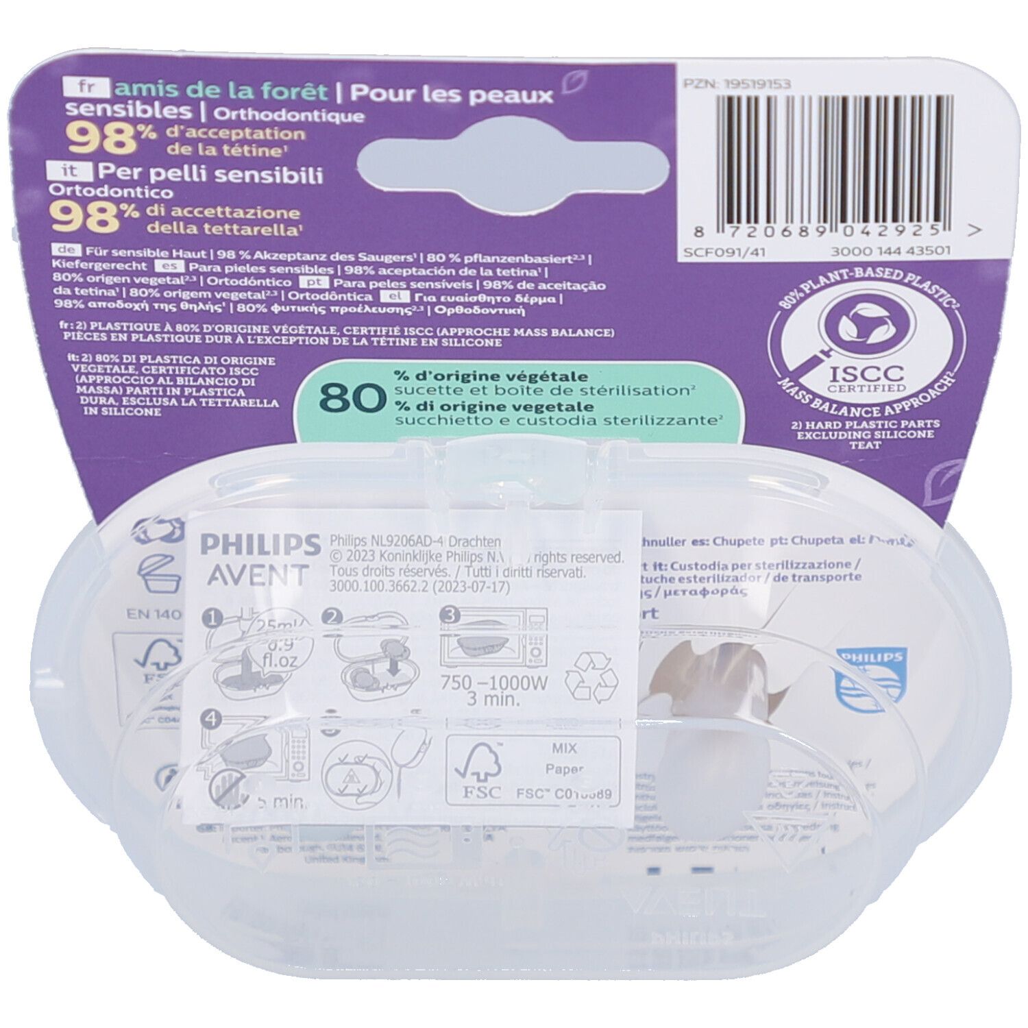 Rückseite der Verpackung mit Produktinformationen und Logo. Die Verpackung enthält zwei Schnuller in einer transparenten Hülle.