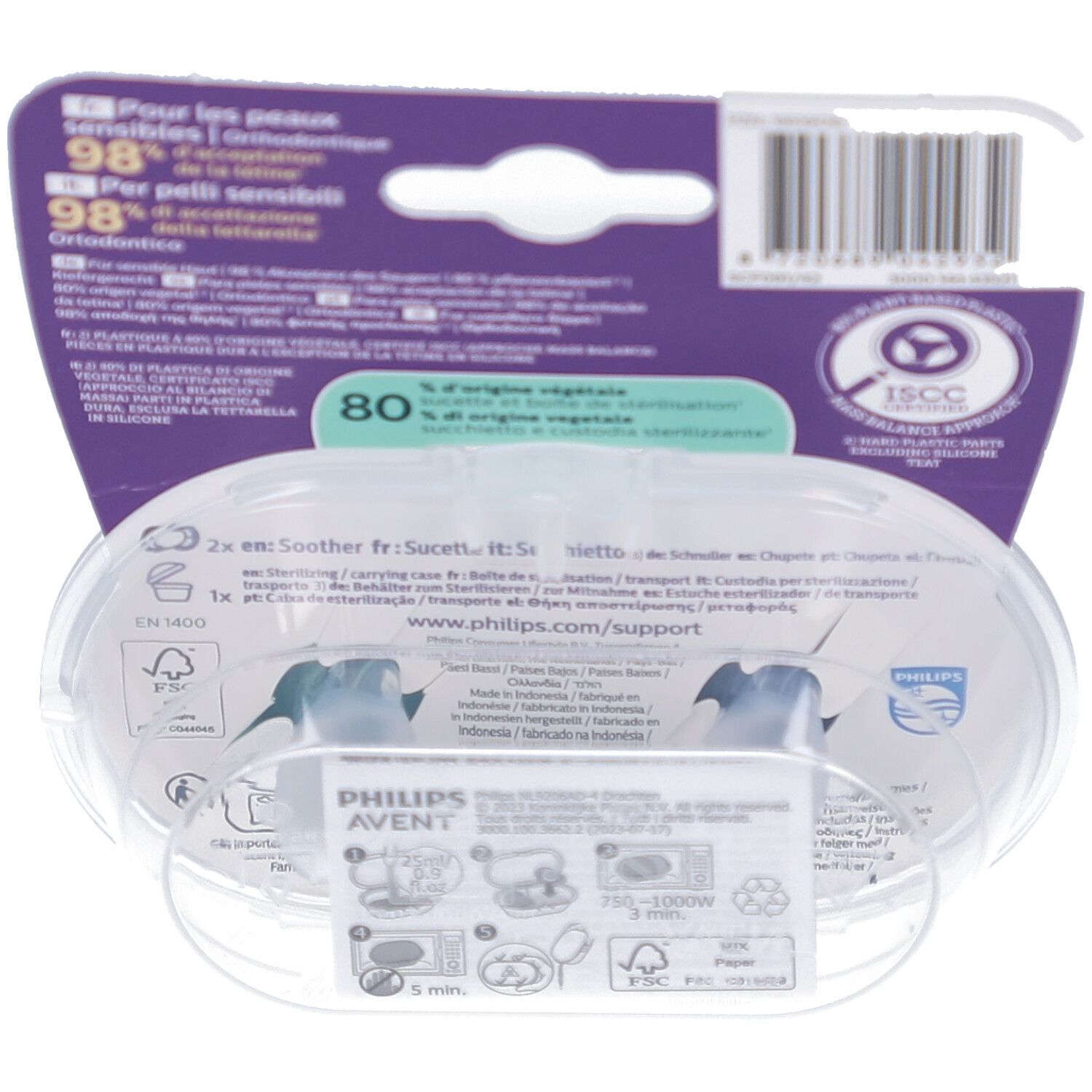 Rückseite der Verpackung mit zwei Schnullern. Informationen und Logos von Philips Avent, FSC und ISCC.