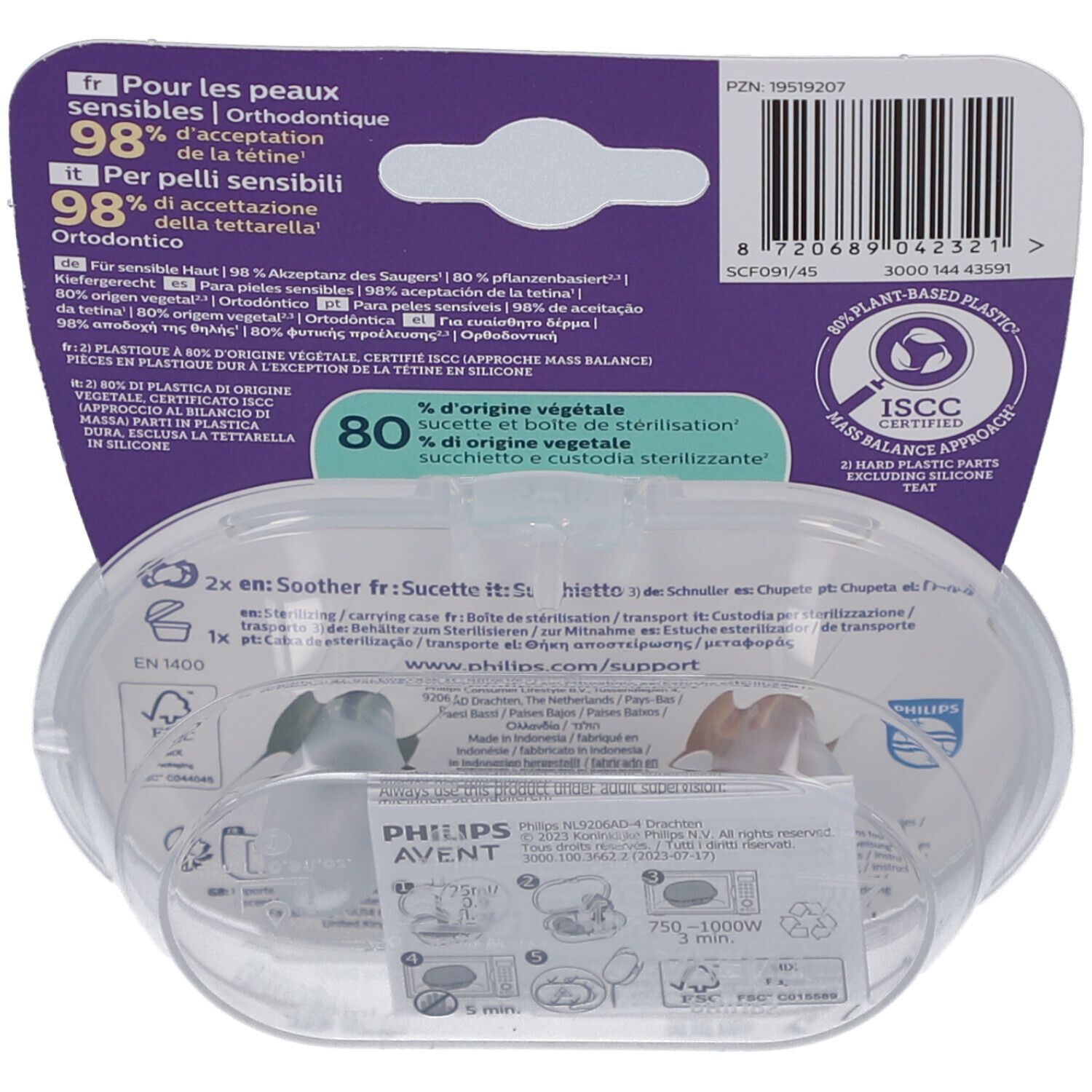 Rückseite der Verpackung mit Produktinformationen, Logo und Zertifizierungen. Transparente Aufbewahrungsbox.