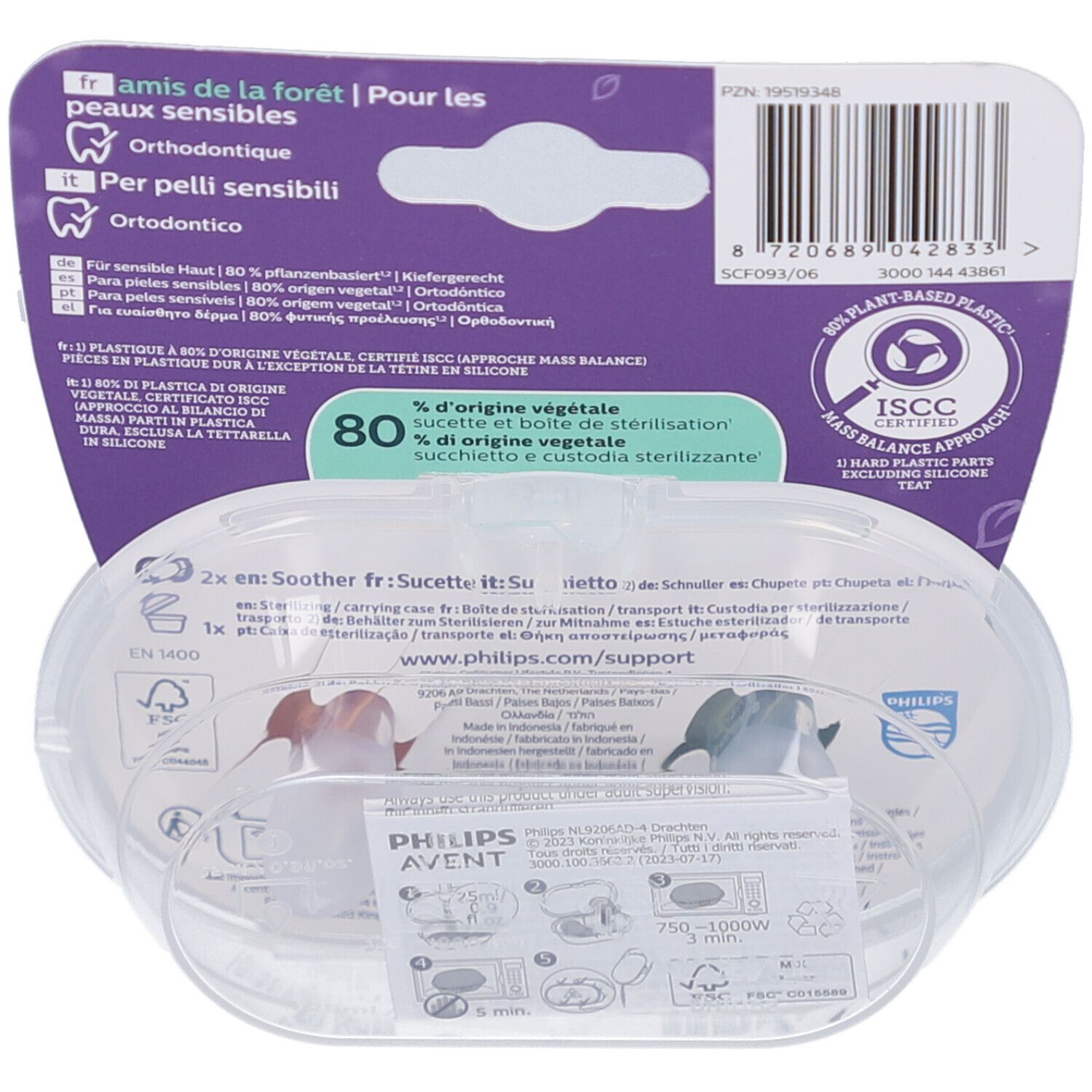 Rückseite der Verpackung mit Produktinformationen und Zertifizierungen. Enthält eine transparente Aufbewahrungsbox.