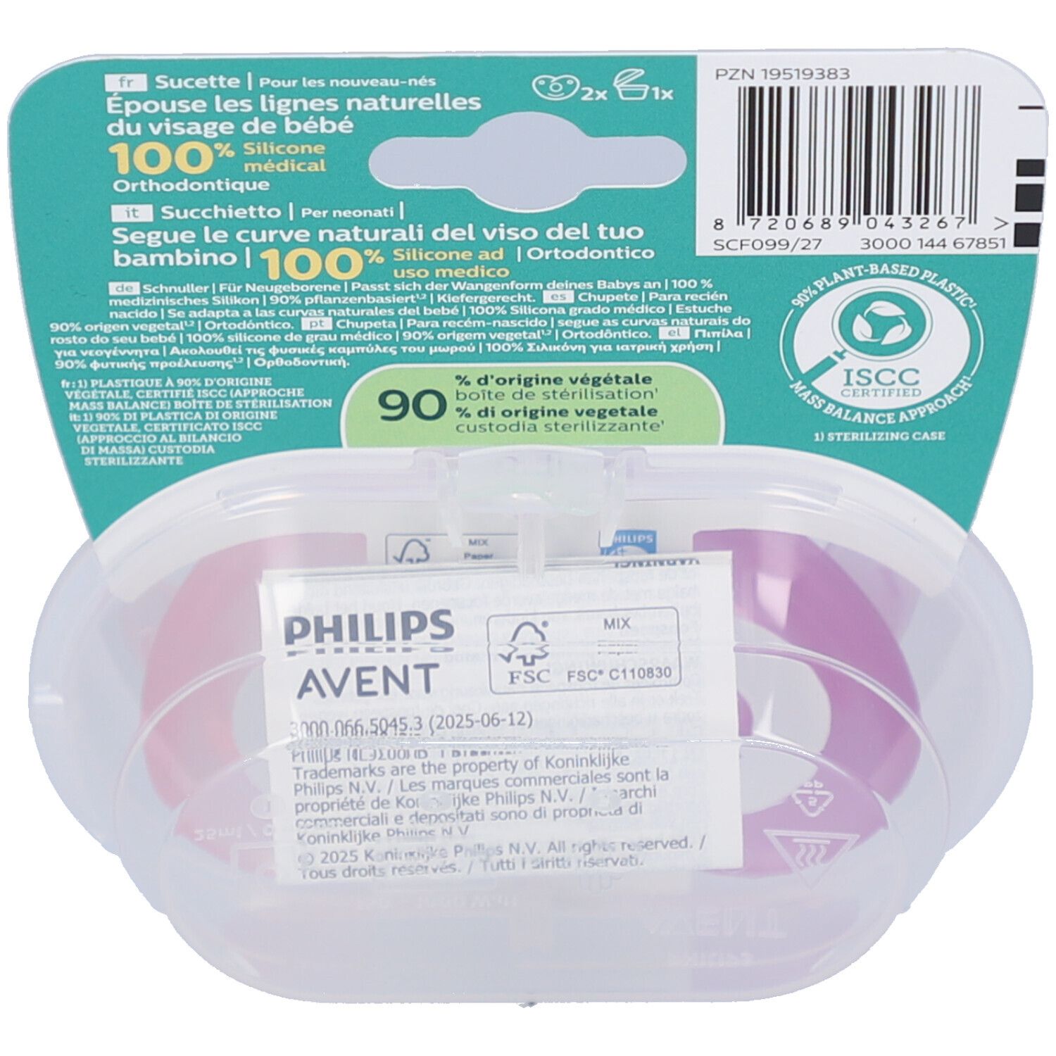 Rückseite der Verpackung mit Produktinformationen. Zwei Schnuller in einer transparenten Hülle. Philips Avent.