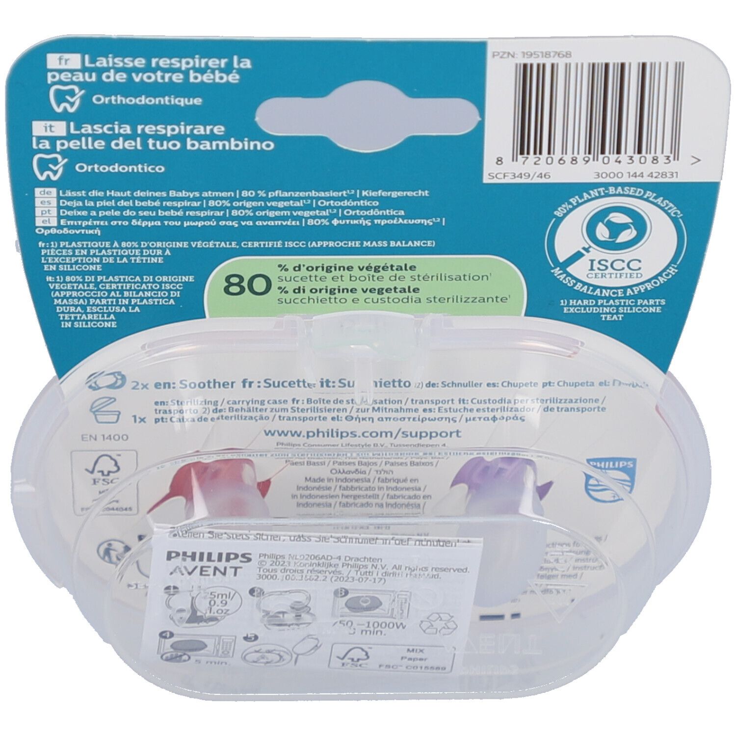 Rückseite der Verpackung mit Produktinformationen und Logo. Zwei Schnuller in einer transparenten Box sichtbar.