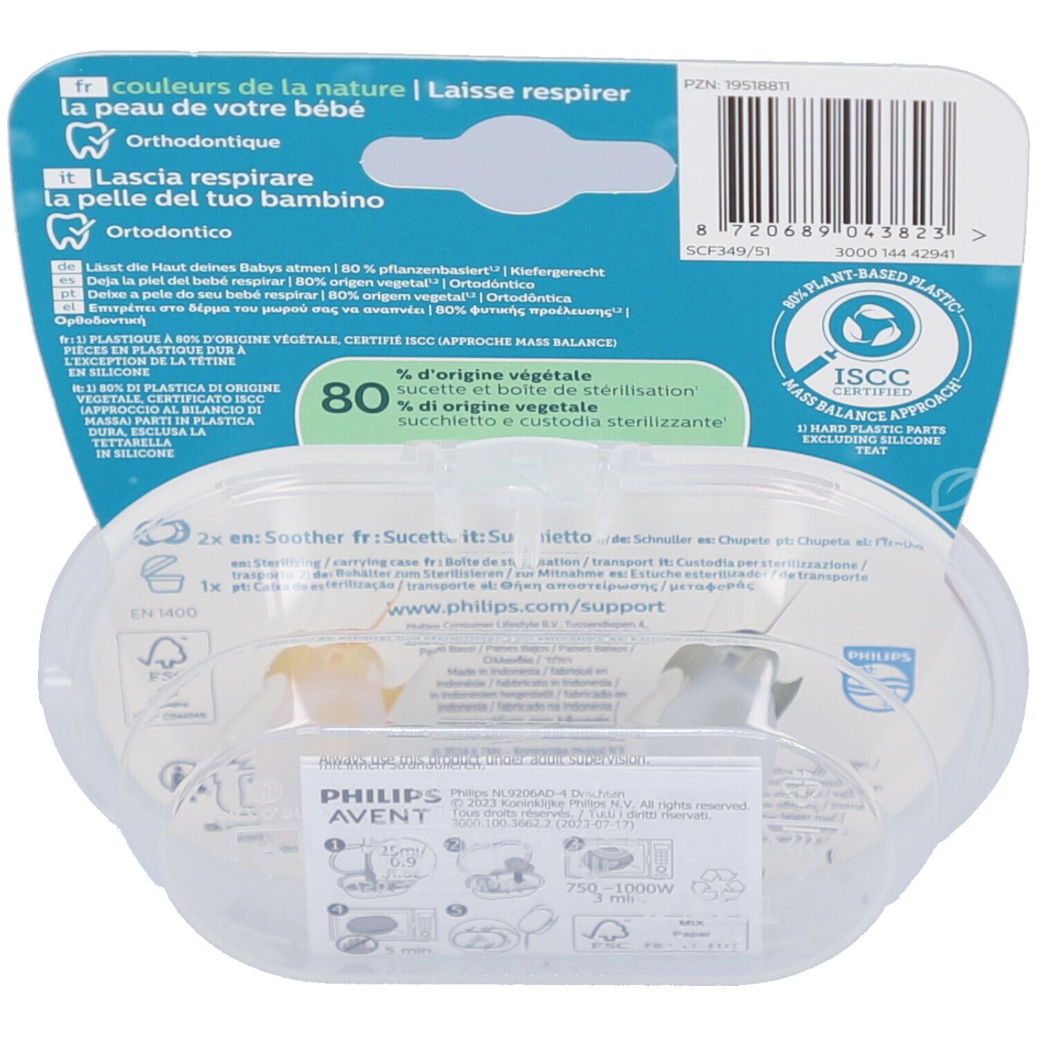 Rückseite der Verpackung mit Produktinformationen und Zertifizierungen. Transparente Box mit zwei Schnullern.
