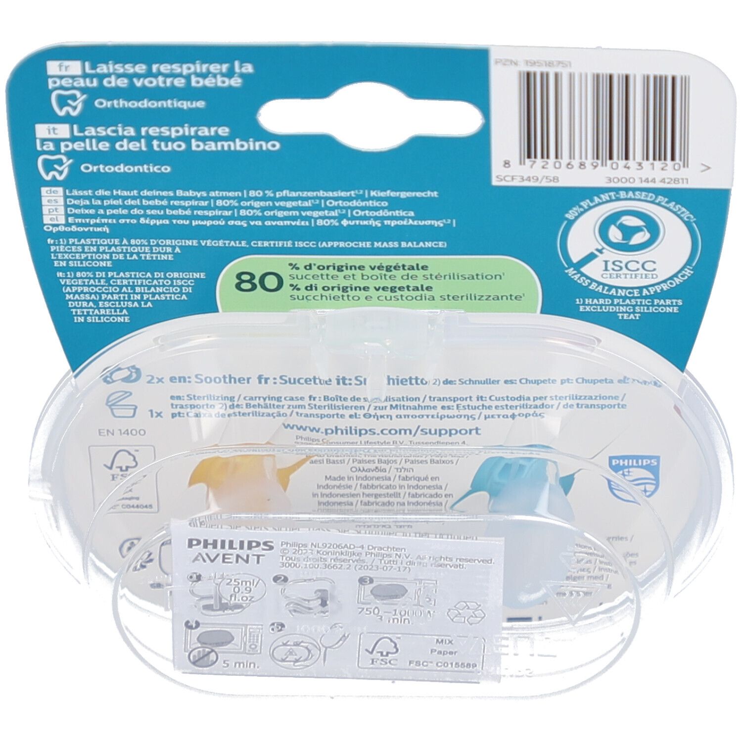 Rückseite der Verpackung mit Produktinformationen und Barcode. Enthält eine transparente Aufbewahrungsbox mit zwei Schnullern.