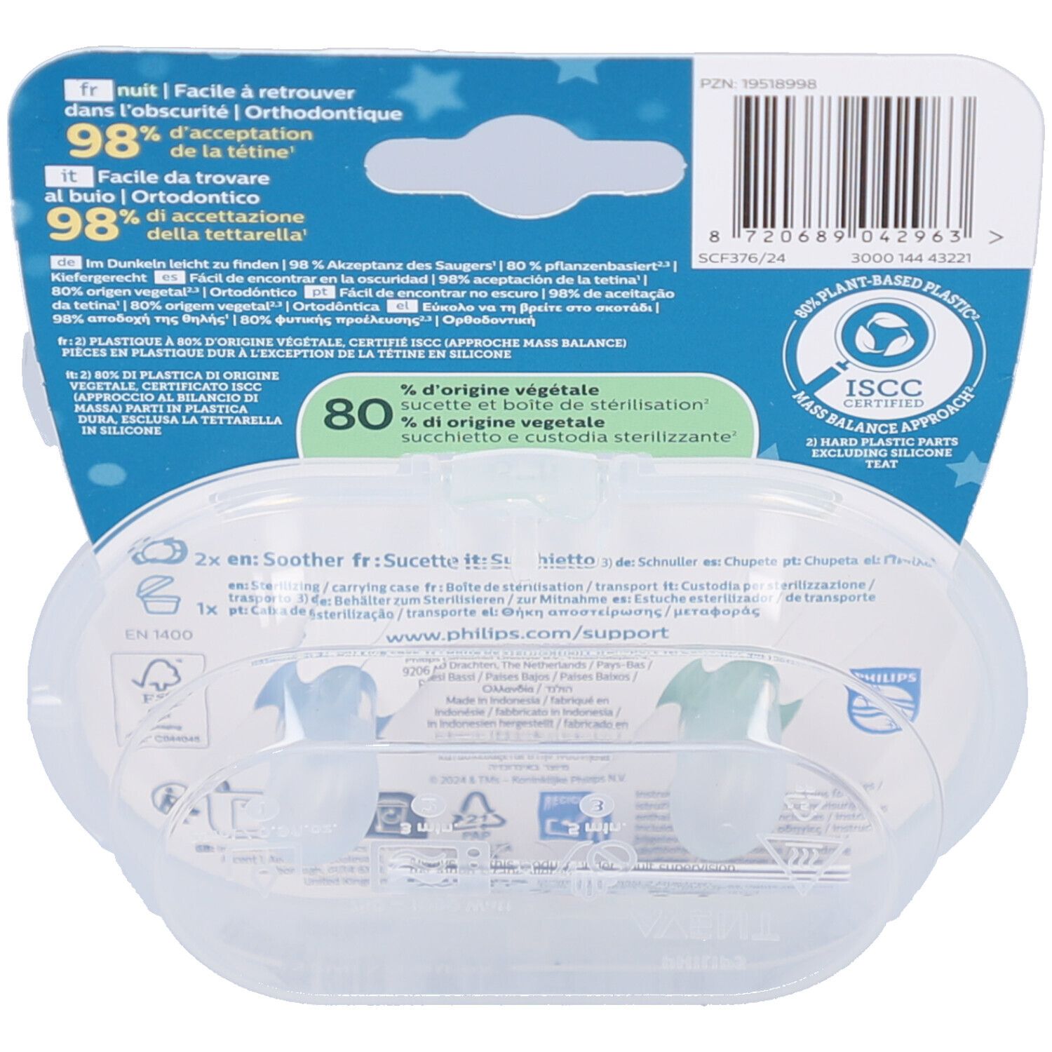 Rückseite der Verpackung mit Produktinformationen, Barcode und Logo. Transparente Aufbewahrungsbox mit zwei Schnullern.