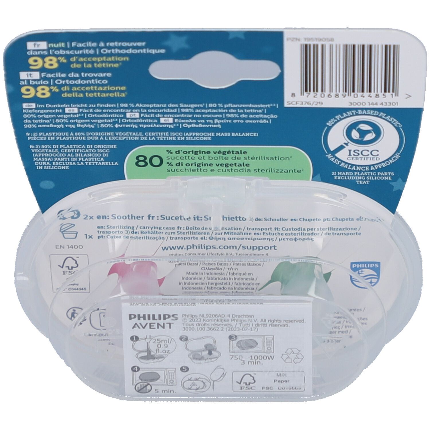 Rückseite der Verpackung mit Produktinformationen und Barcode. Enthält Informationen zu Materialien und Zertifizierungen.