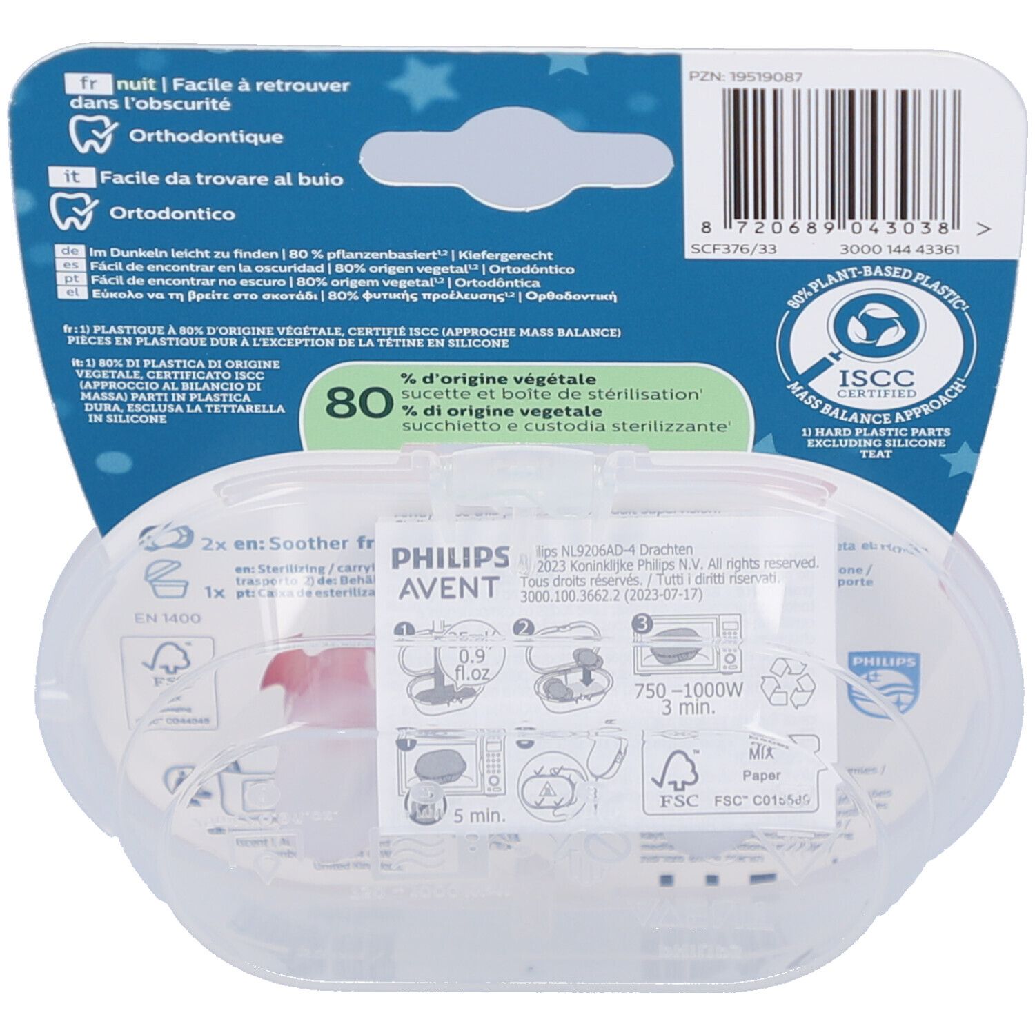 Rückseite der Verpackung mit Produktinformationen und Zertifizierungen. Enthält Anweisungen zur Sterilisation und Materialangaben.