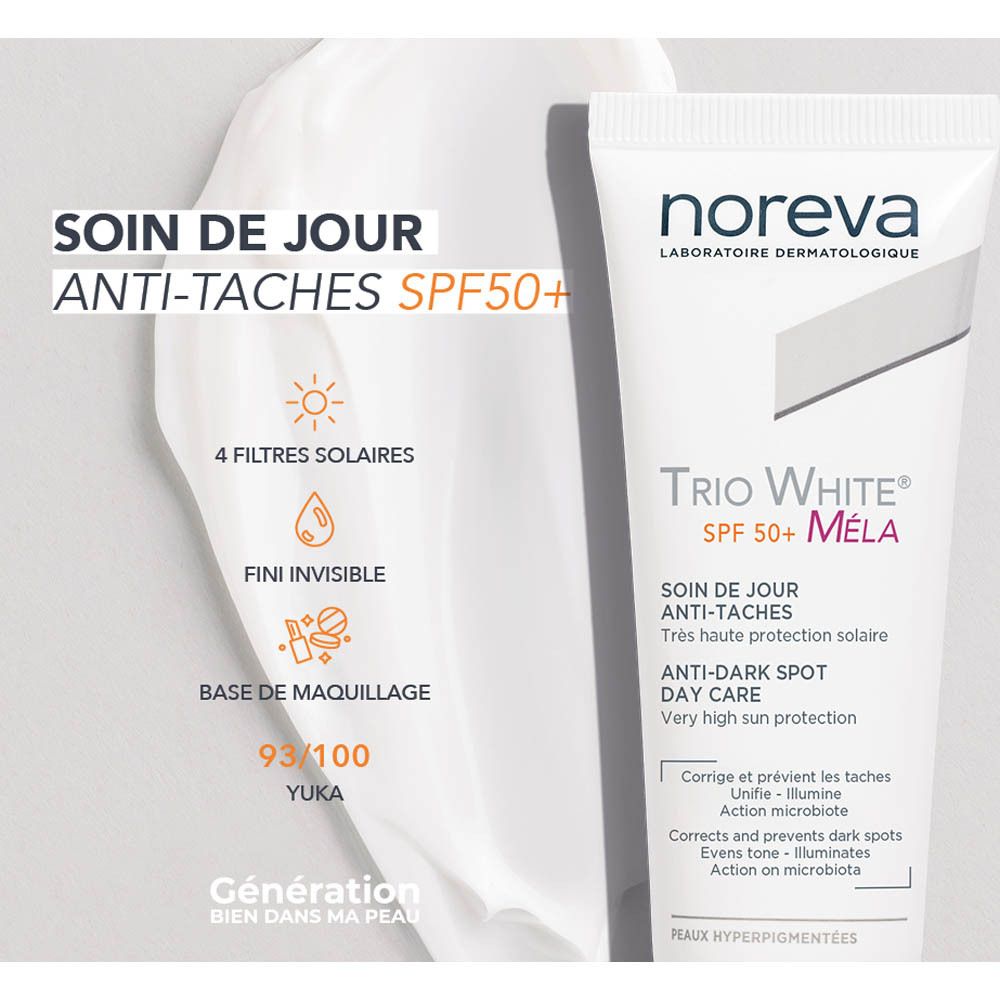 Noreva Trio White Dagverzorging SPF50+: 4 filters, onzichtbaar, make-up basis.